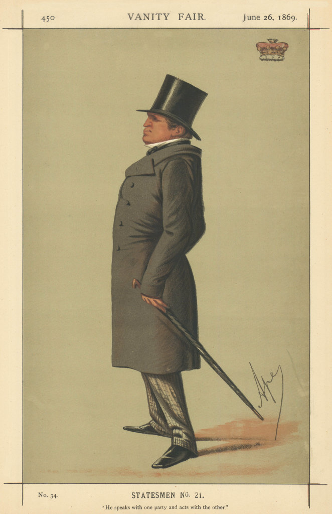VANITY FAIR SPY CARTOON Lord Stanley 'He speaks with one party & acts with… 1869