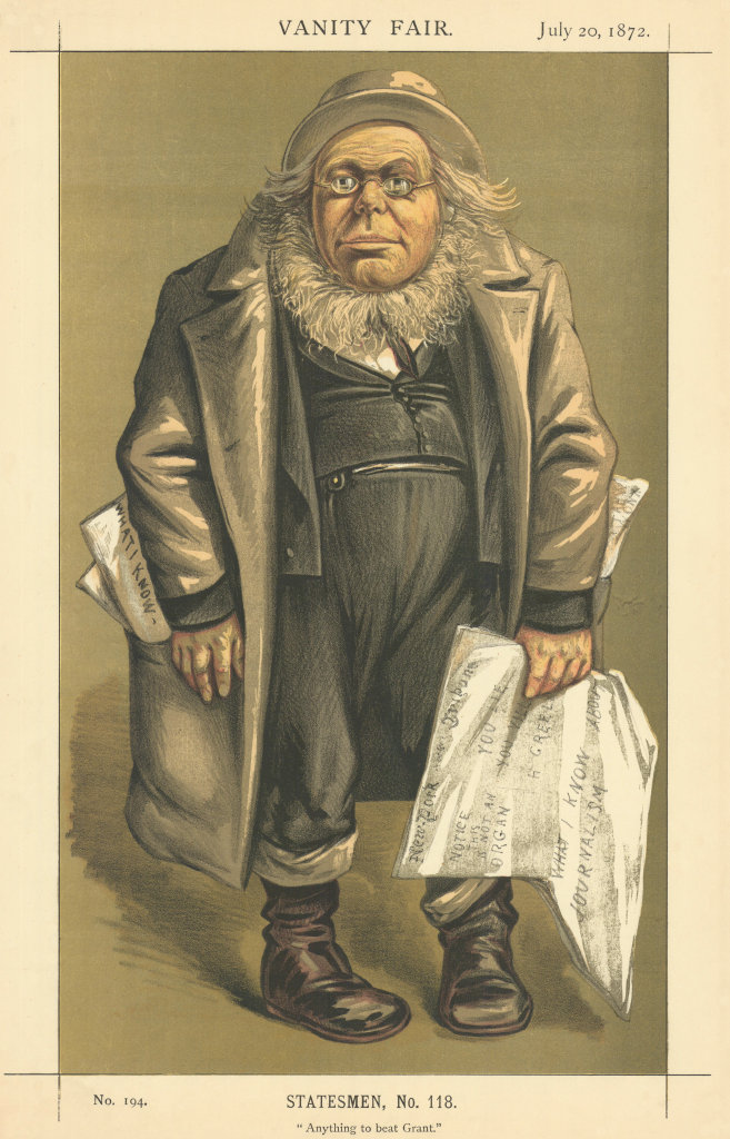 VANITY FAIR SPY CARTOON Horace Greeley 'Anything to beat Grant' Newspapers 1872