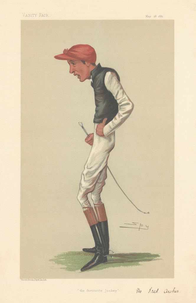 VANITY FAIR SPY CARTOON Frederick Archer 'the favourite Jockey' 1881 old print