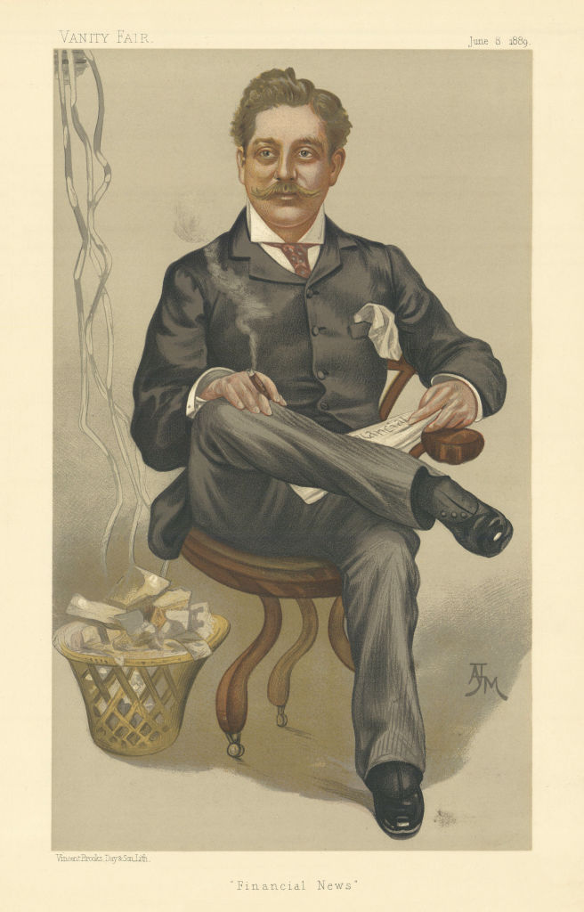 VANITY FAIR SPY CARTOON Harry Marks 'Financial News' Newspapers. By AHM 1889