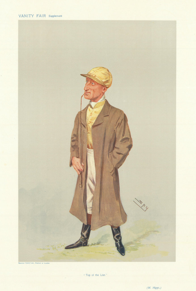 VANITY FAIR SPY CARTOON William Higgs 'Top of the List' Jockey 1906 old print