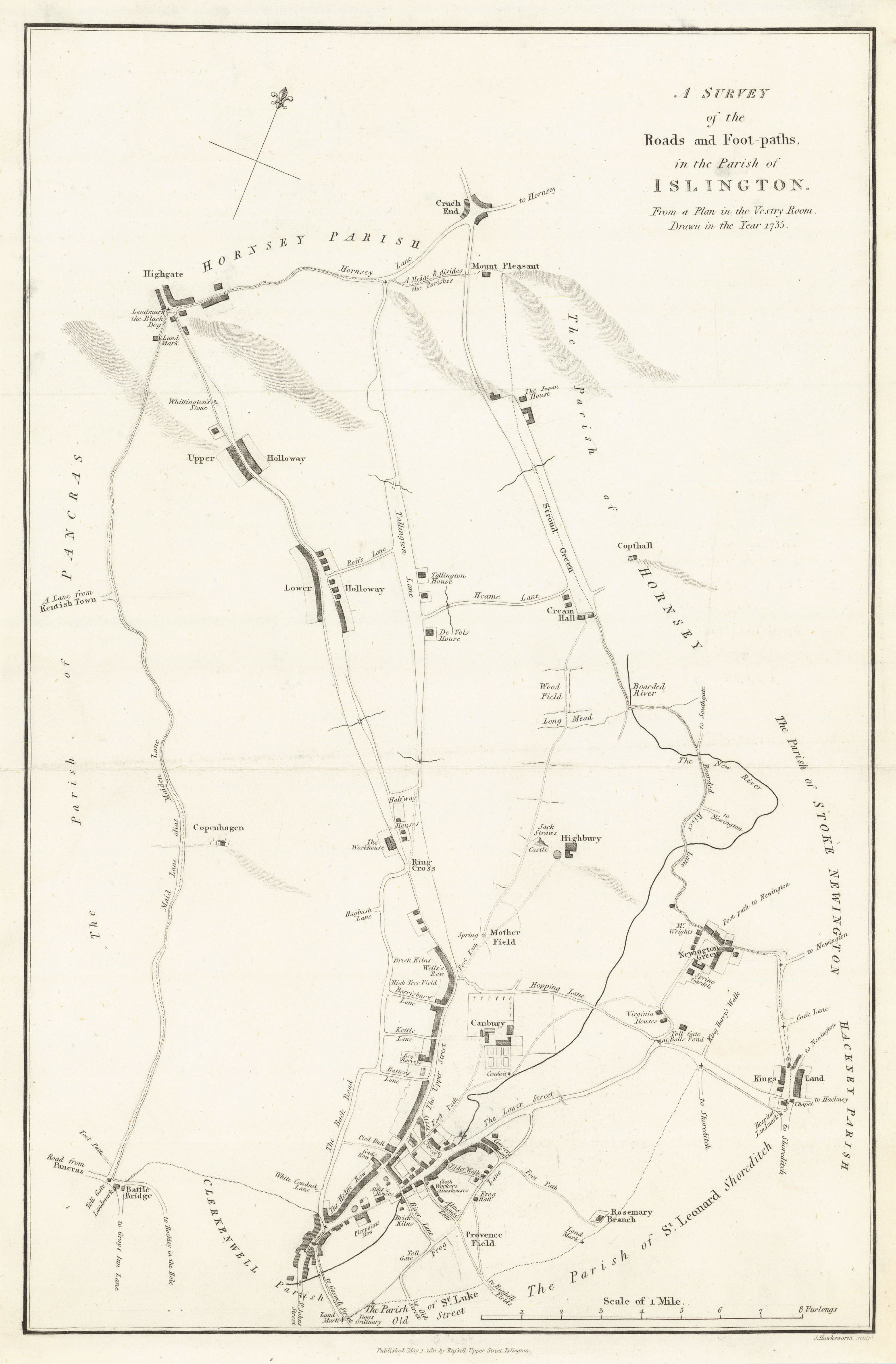 ISLINGTON PARISH 1735.Holloway Highgate Crouch End.Scarce. HAWKSWORTH 1811 map