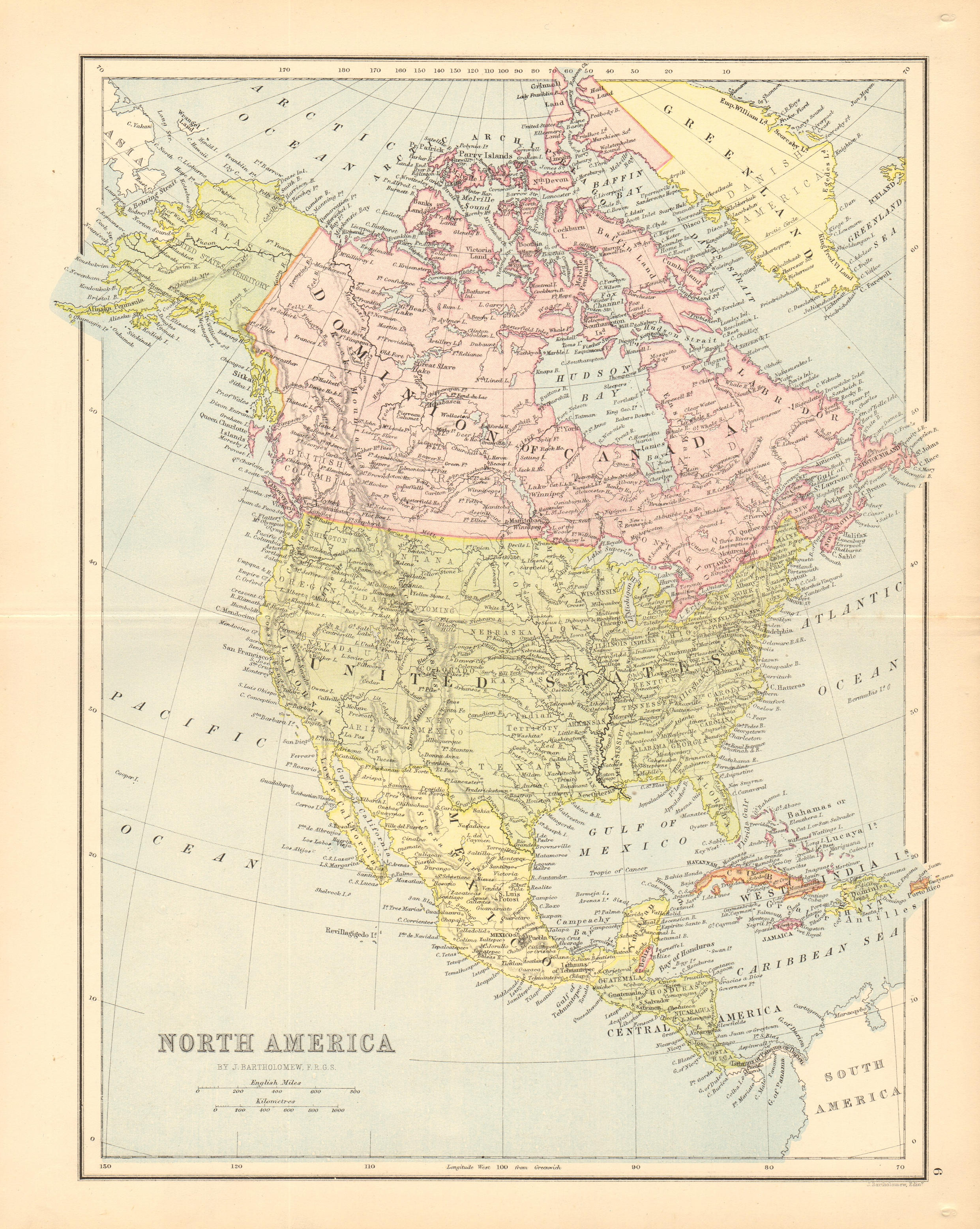 Associate Product NORTH AMERICA. Shows part of Greenland as Canadian. BARTHOLOMEW 1876 old map
