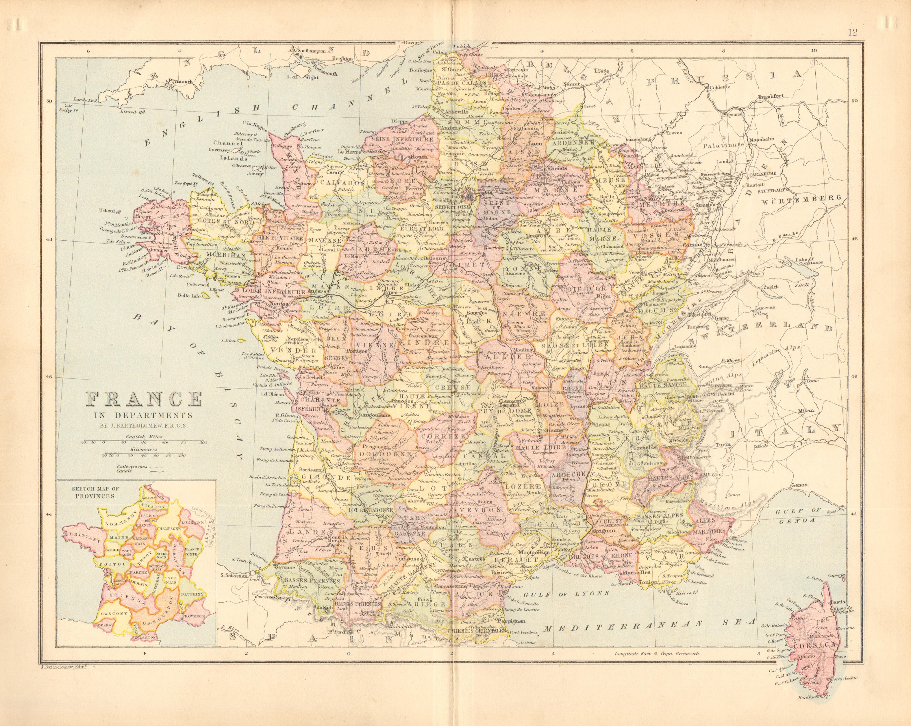 Associate Product 'France in Departments'. w/o Alsace Lorraine & Menton. BARTHOLOMEW 1876 map
