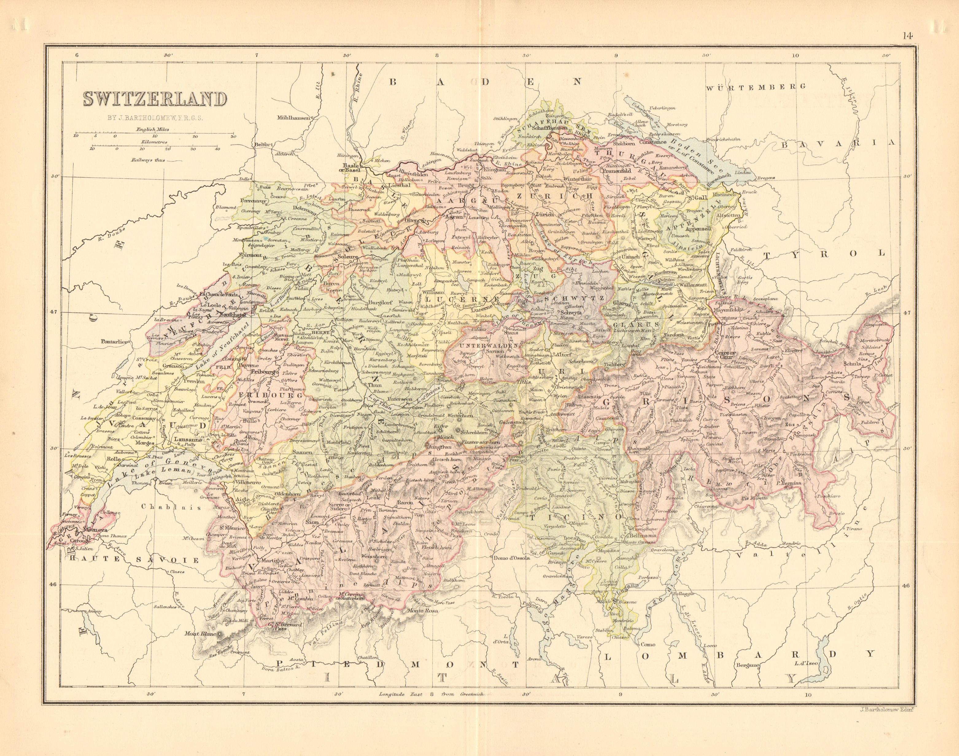'Switzerland'. Cantons. Railways. BARTHOLOMEW 1876 old antique map plan chart