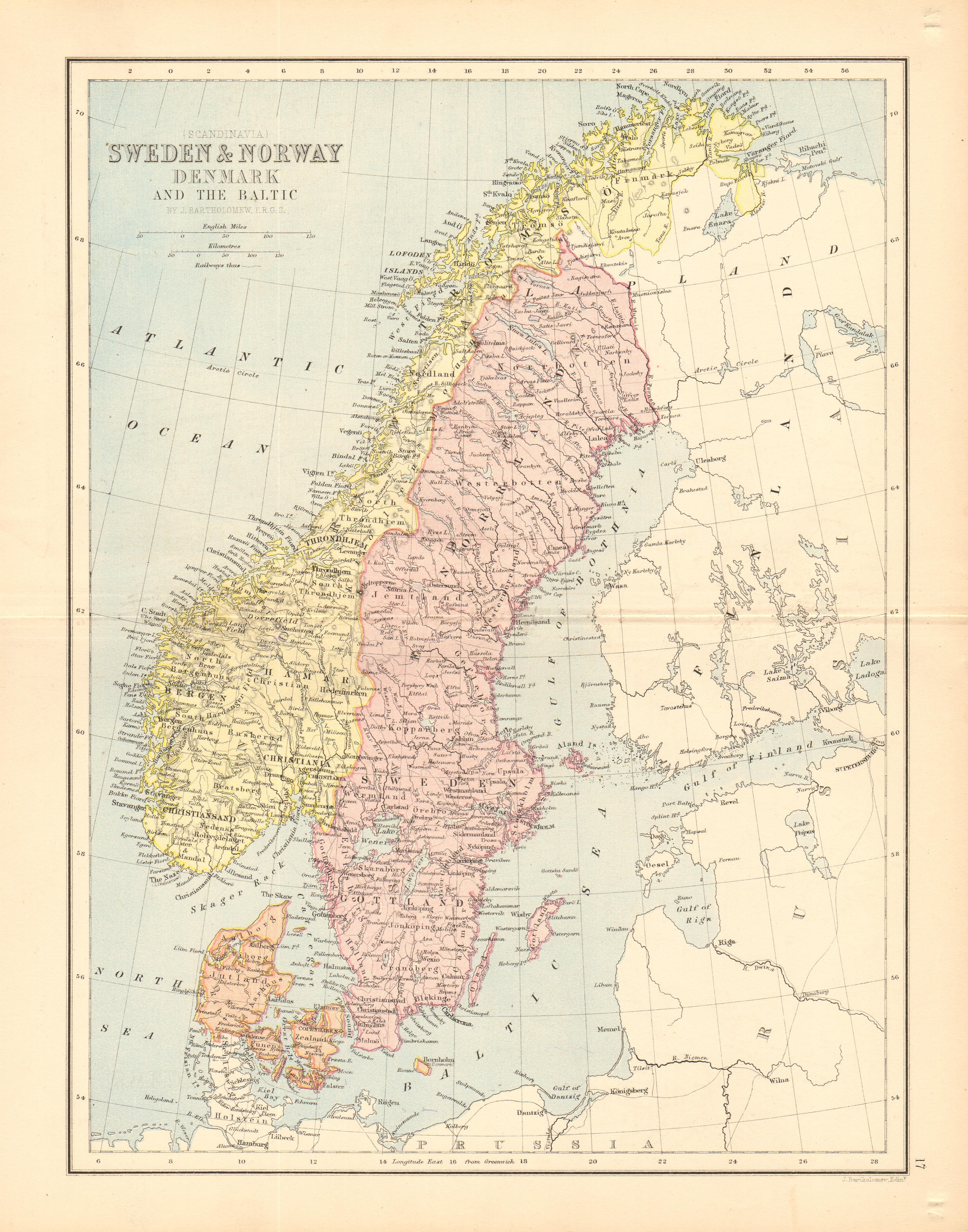 Associate Product SCANDINAVIA. Sweden Norway Denmark Baltic. Railways. BARTHOLOMEW 1876 old map
