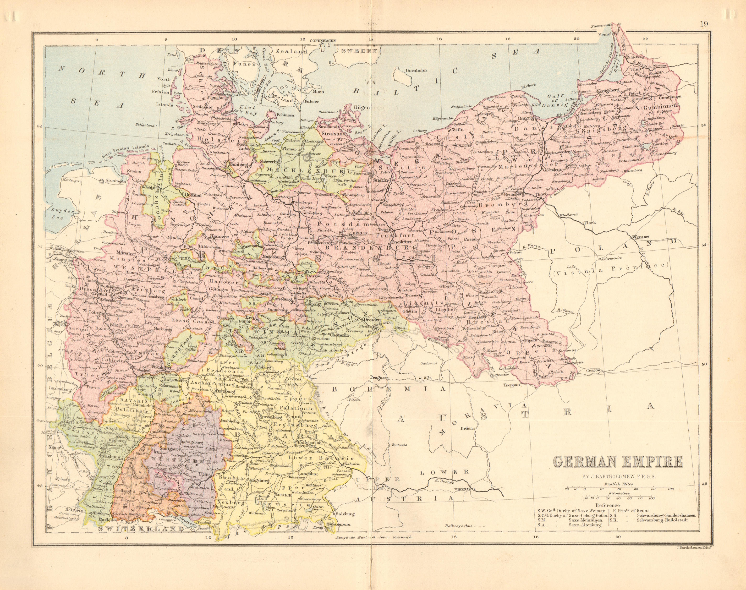 Associate Product GERMANY. 'German Empire'. Prussia. States. Railways. BARTHOLOMEW 1876 old map