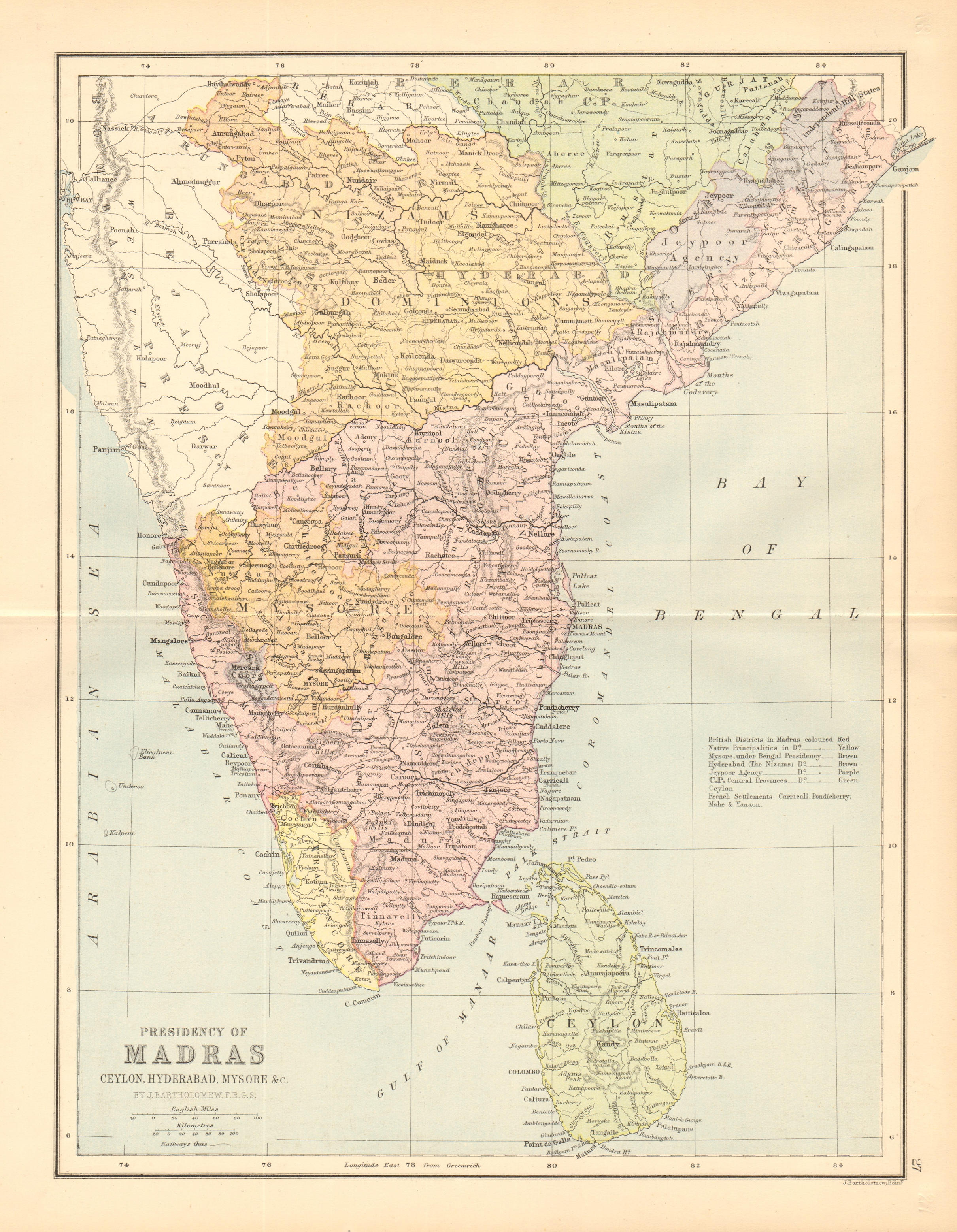 Associate Product BRITISH INDIA SOUTH 'Madras Presidency' Mysore Ceylon Coromandel Coast 1876 map