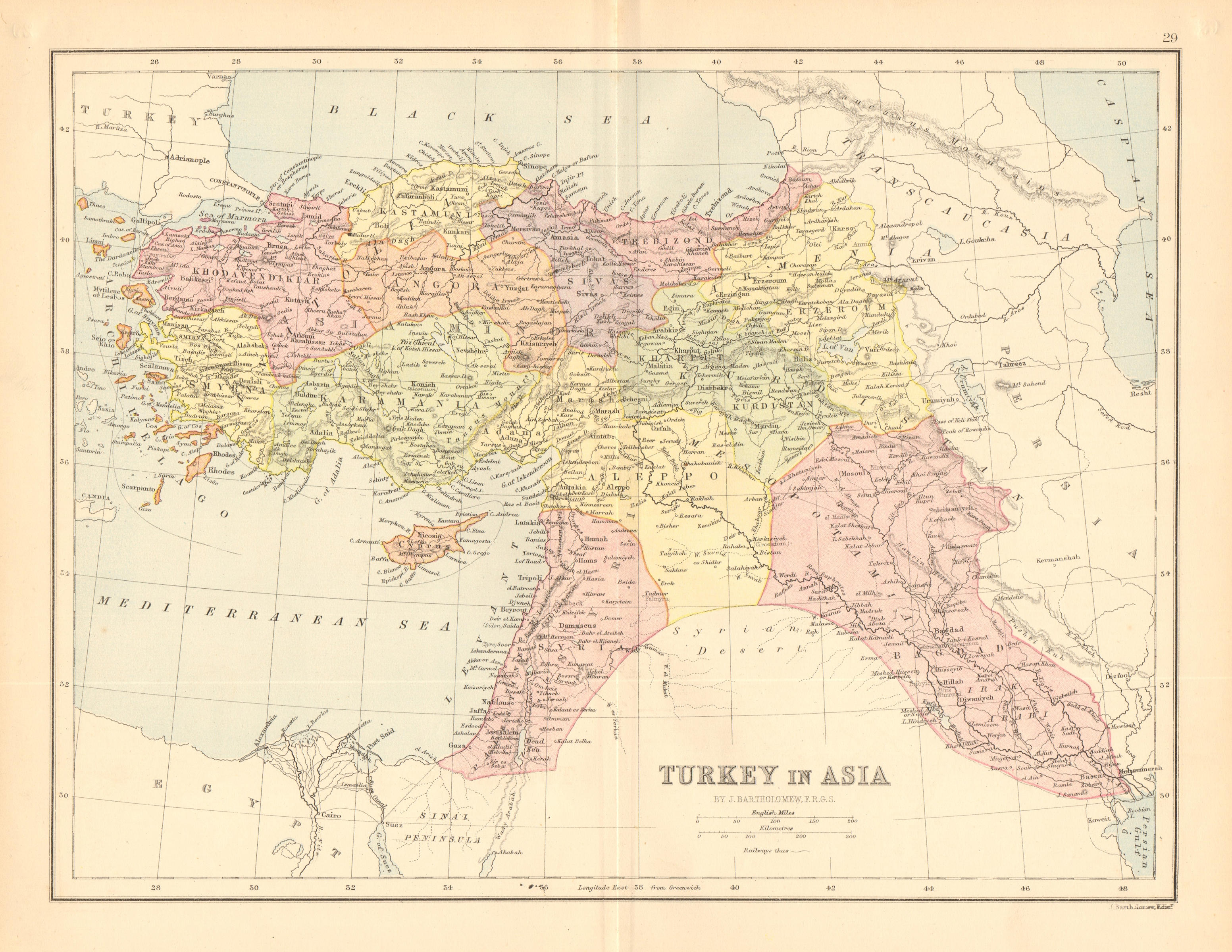 Associate Product Turkey in Asia'. Levant Syria Cyprus Mesopotamia Railways.BARTHOLOMEW 1876 map