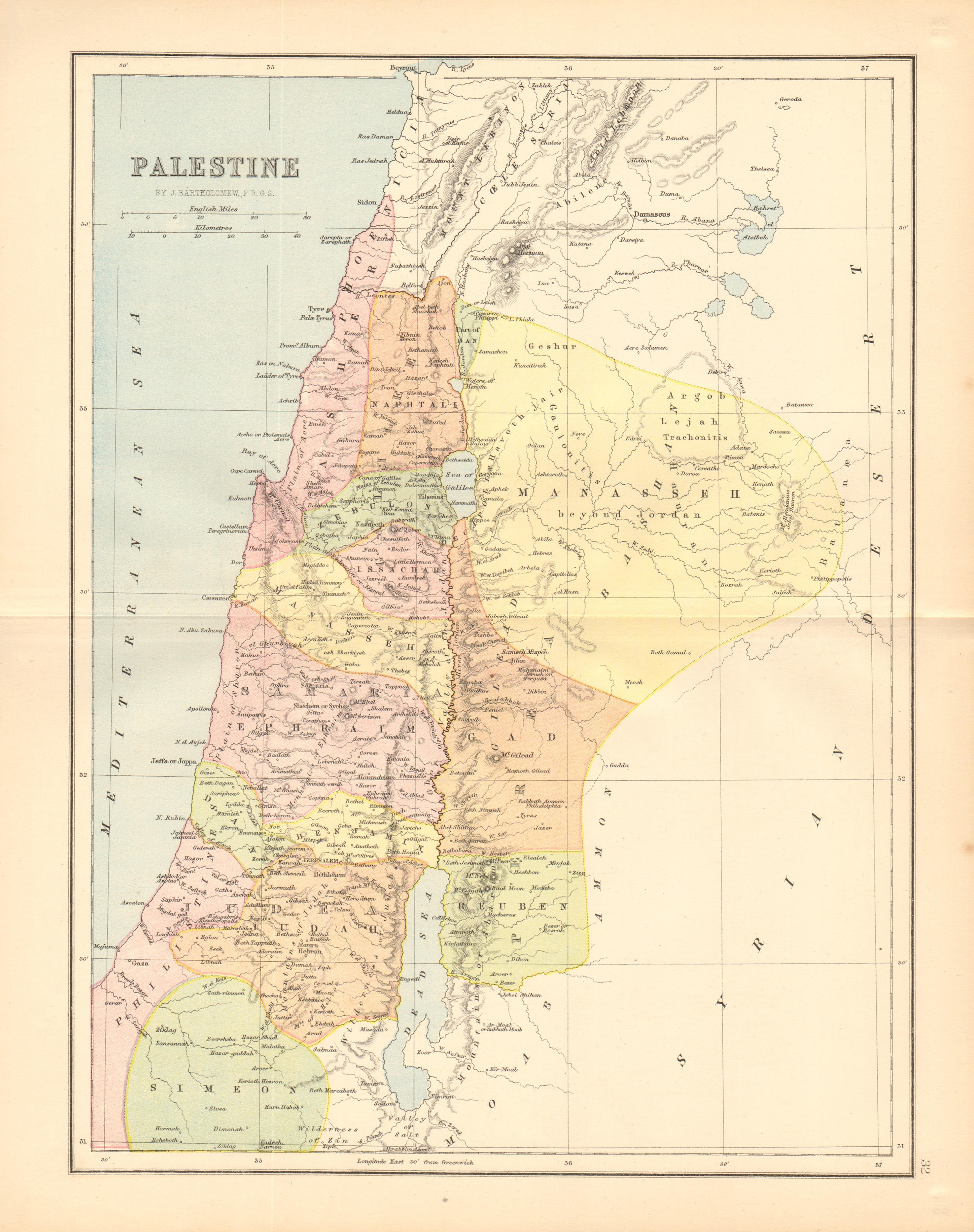 PALESTINE. 12 tribes of Israel. Judea Samaria Galilee. BARTHOLOMEW 1876 map
