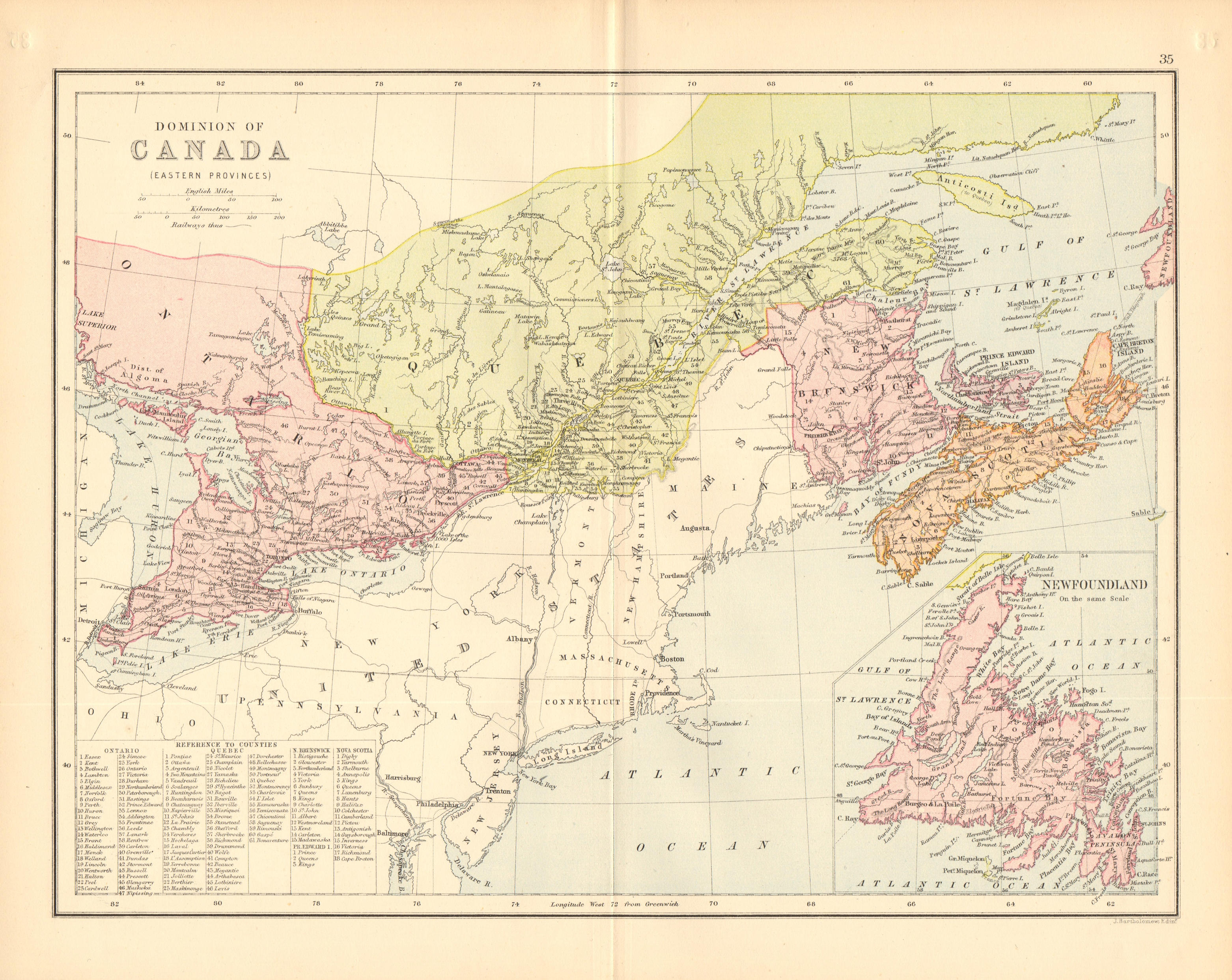 CANADA EAST. 'Dominion of Canada'. Ontario Quebec NB NS. BARTHOLOMEW 1876 map