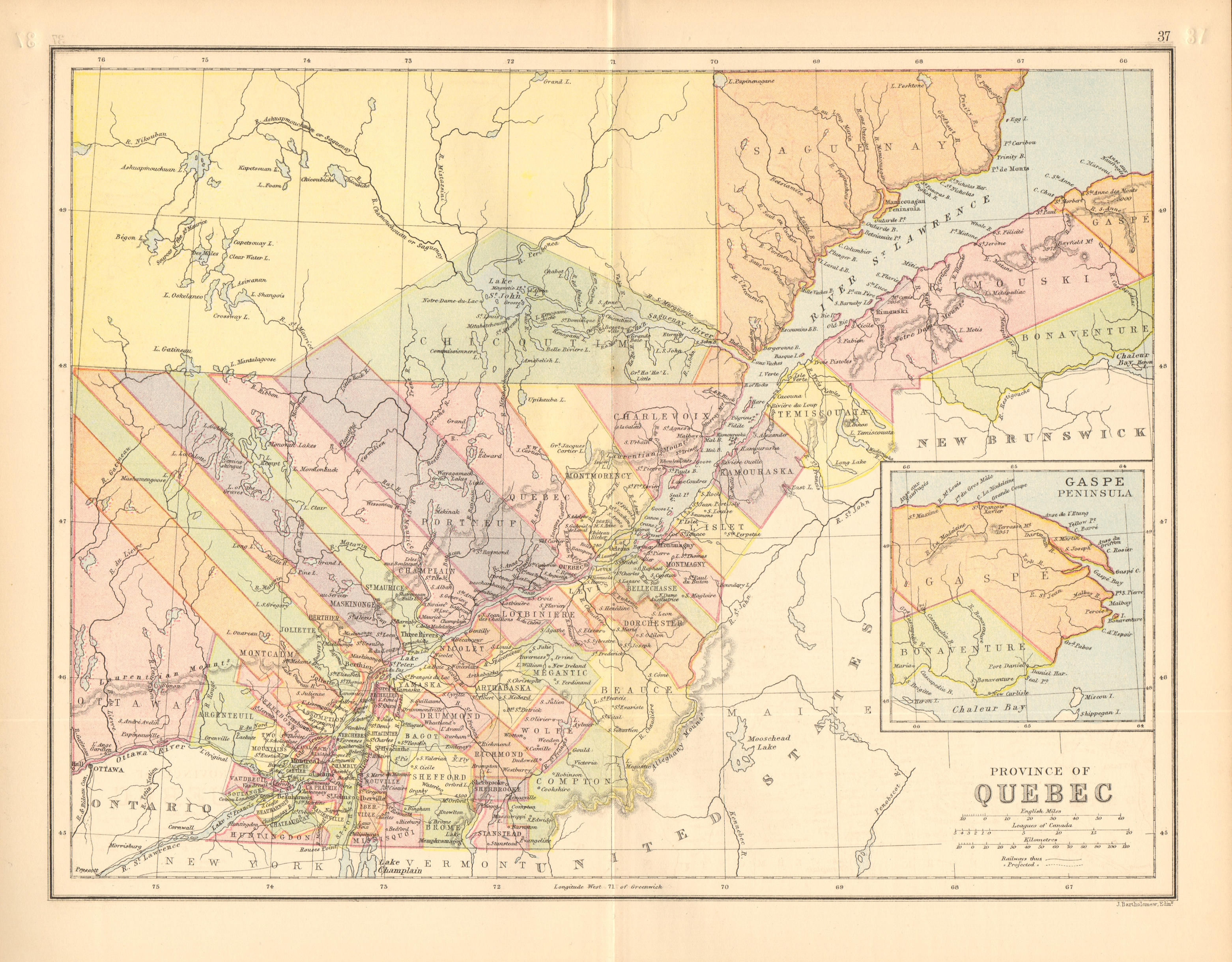 Associate Product QUEBEC. St Lawrence. Counties. Railways. Canada. BARTHOLOMEW 1876 old map