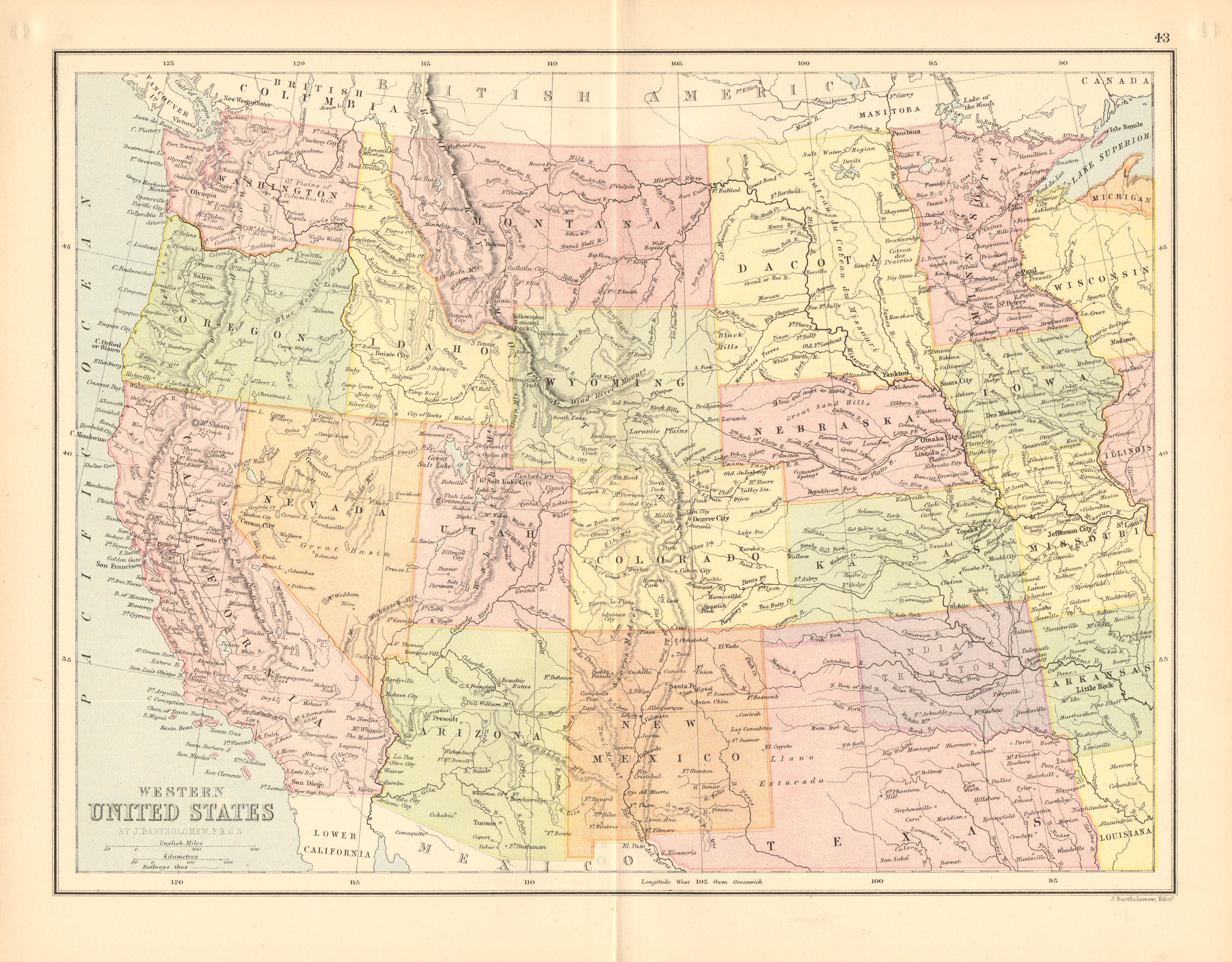 Associate Product WESTERN USA. Pacific/Mountain states.Unified 'Dacota'.Indian territory 1876 map