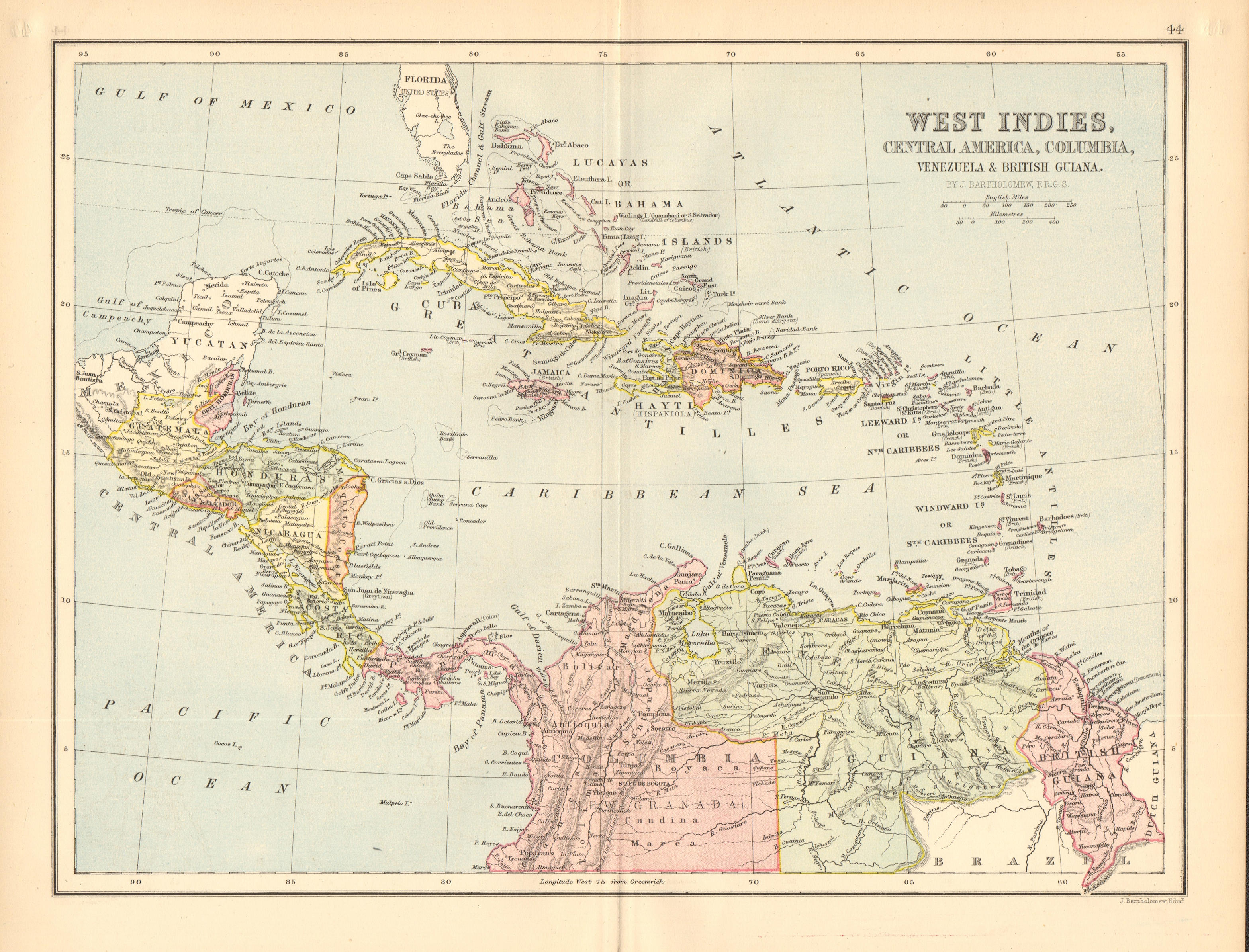 CARIBBEAN. West Indies Cent. America Columbia Venezuela British Guiana 1876 map