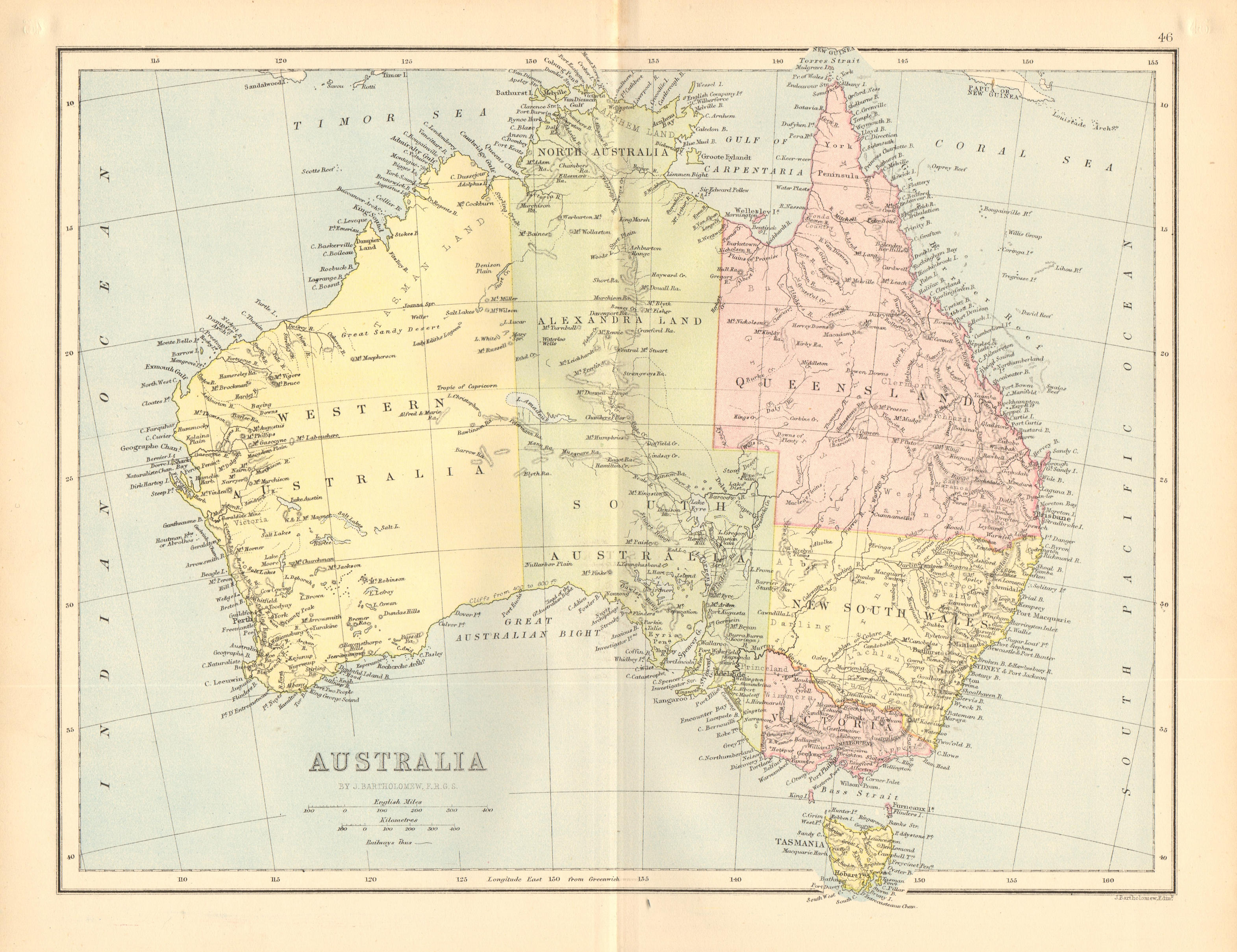 Associate Product AUSTRALIA. Shows NT as 'Alexandra Land', part of SA. BARTHOLOMEW 1876 old map