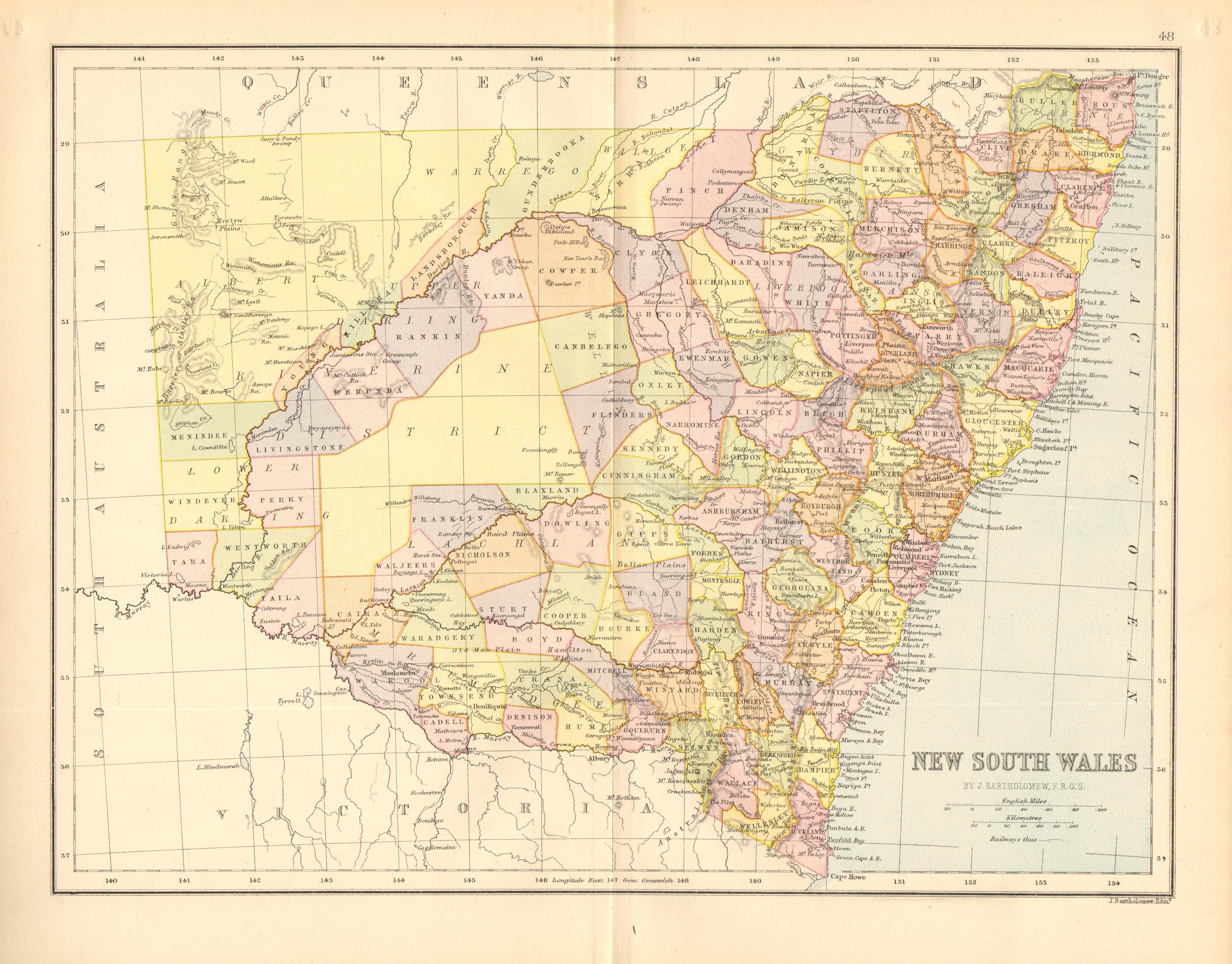 NEW SOUTH WALES. State map. Shows counties/districts/railways. Australia 1876