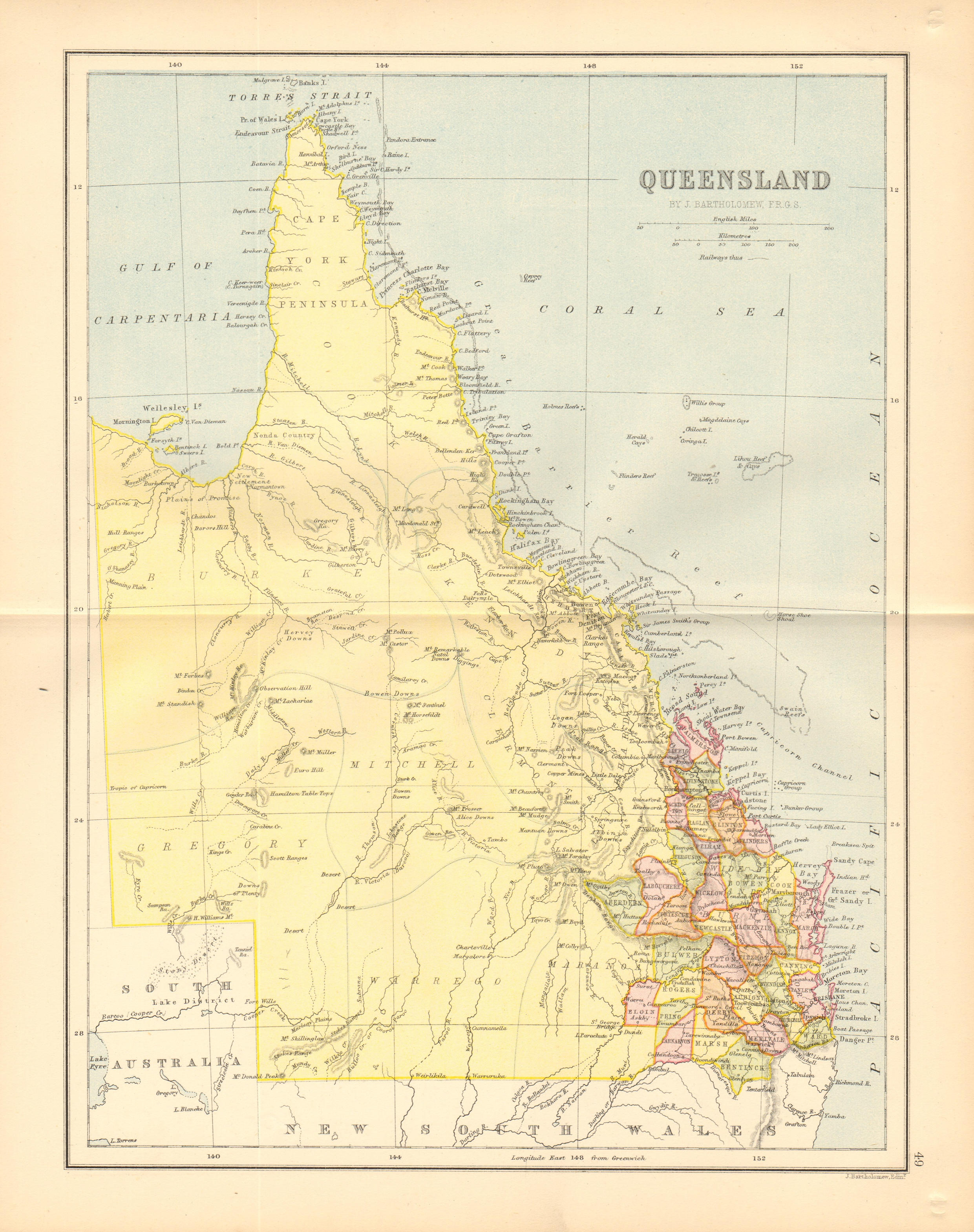 Associate Product QUEENSLAND. State map shows 37 counties. Railways. Brisbane. Australia 1876