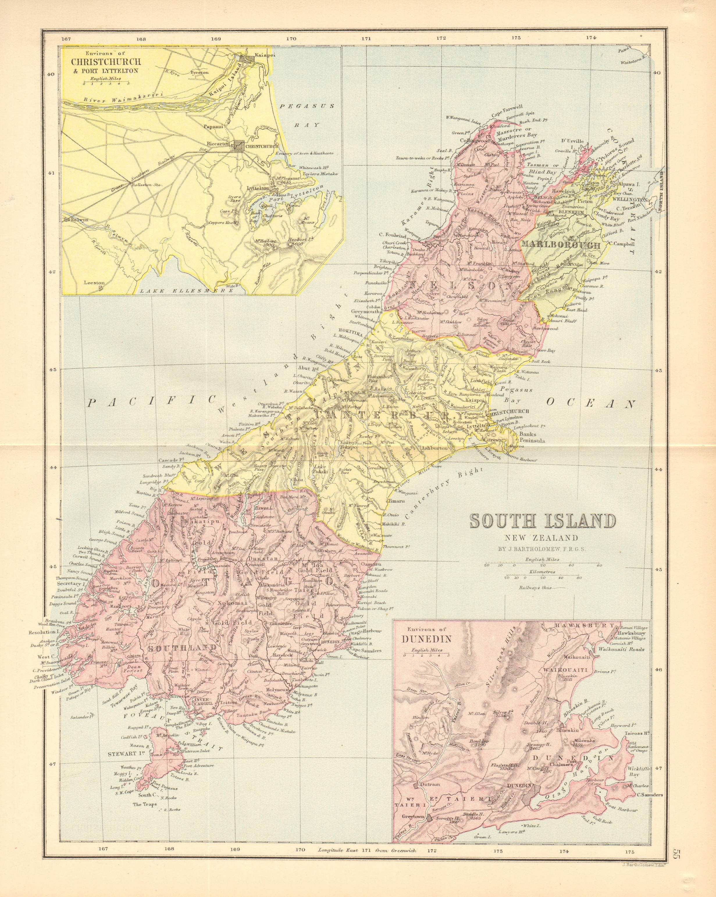 Associate Product SOUTH ISLAND NEW ZEALAND. Shows 1870 provinces. Dunedin Christchurch 1876 map