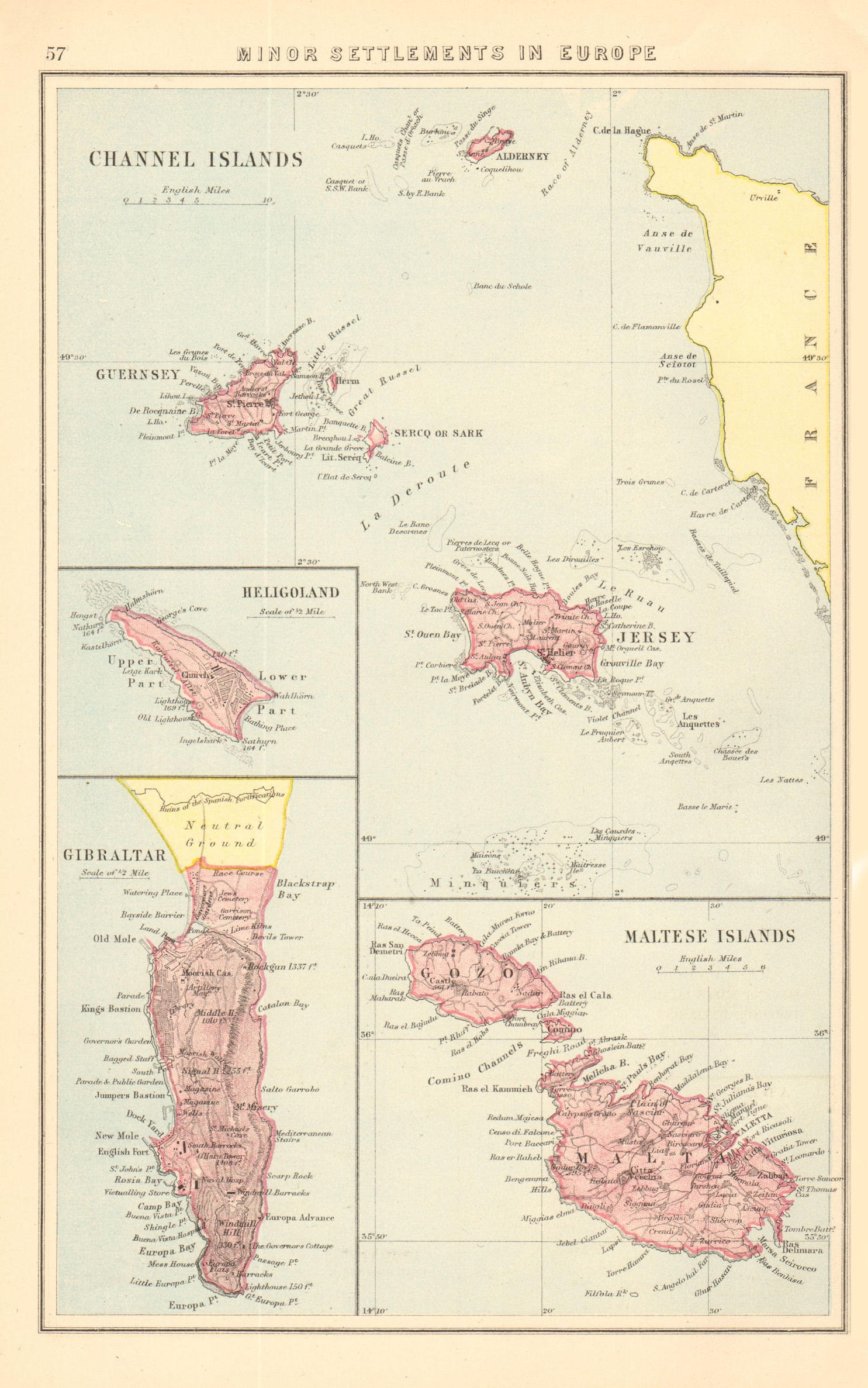 Associate Product BRITISH EUROPEAN SETTLEMENTS. Jersey Heligoland Gibraltar Cyprus Malta 1876 map