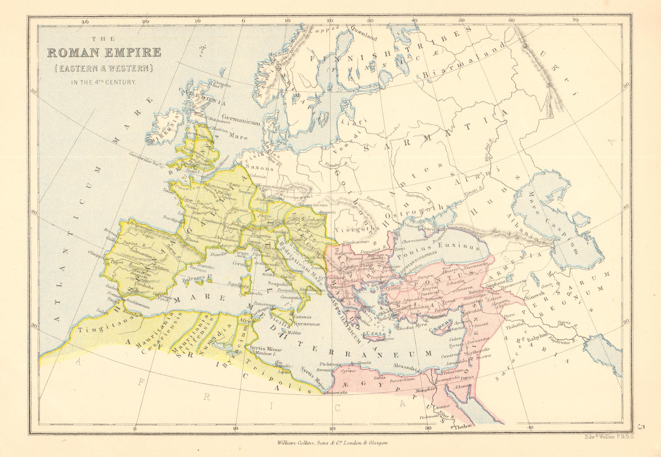 Associate Product ROMAN EMPIRE. In the 4th century. Eastern & Western. BARTHOLOMEW 1876 old map