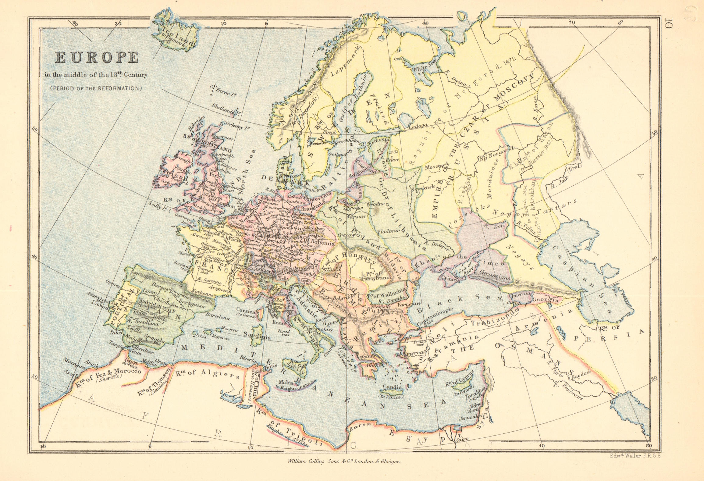 Associate Product 'Europe in the middle of the 16th Century (Period of the Reformation)' 1876 map