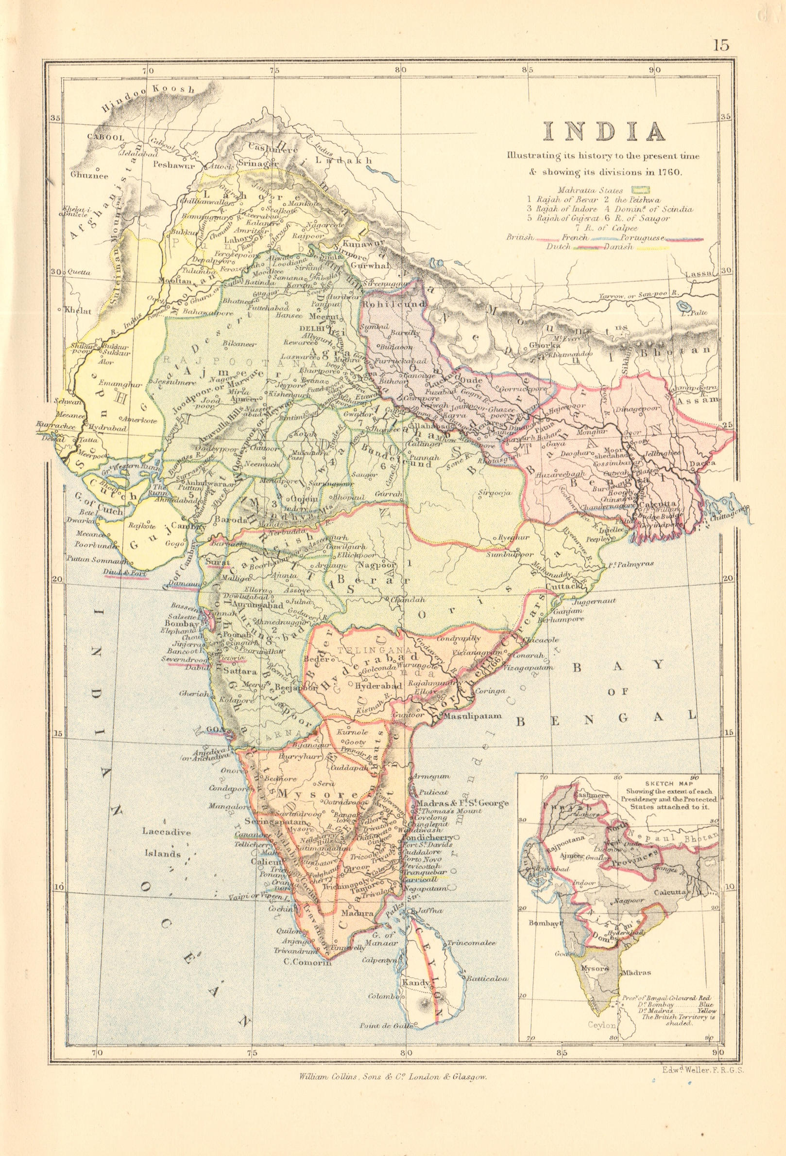 Associate Product INDIA IN 1760. British French Dutch Portuguese Danish. BARTHOLOMEW 1876 map