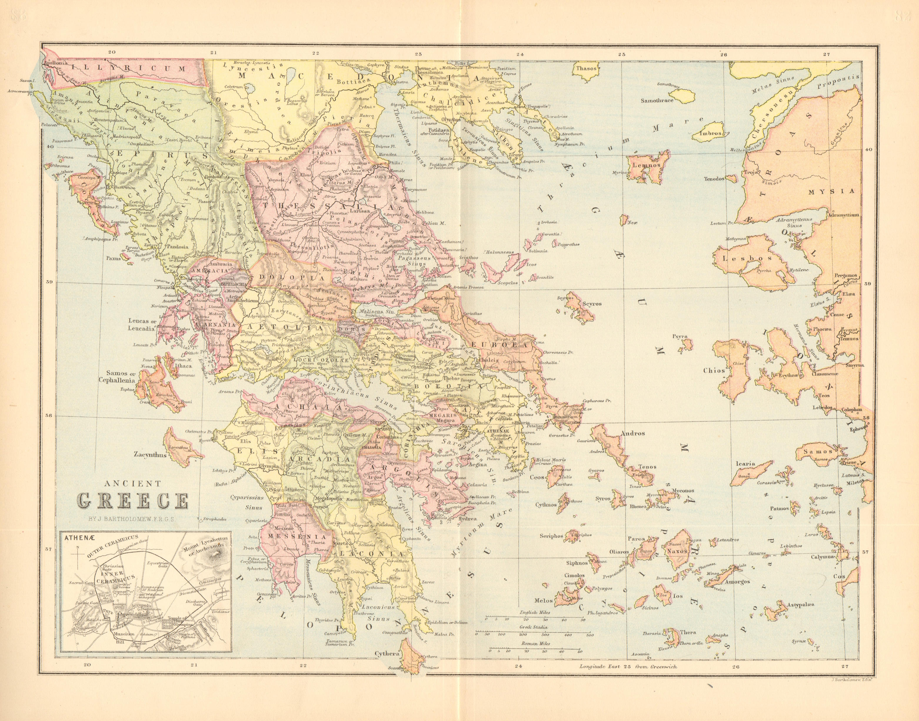 ANCIENT GREECE. Showing provinces. Inset Athens. BARTHOLOMEW 1876 old map