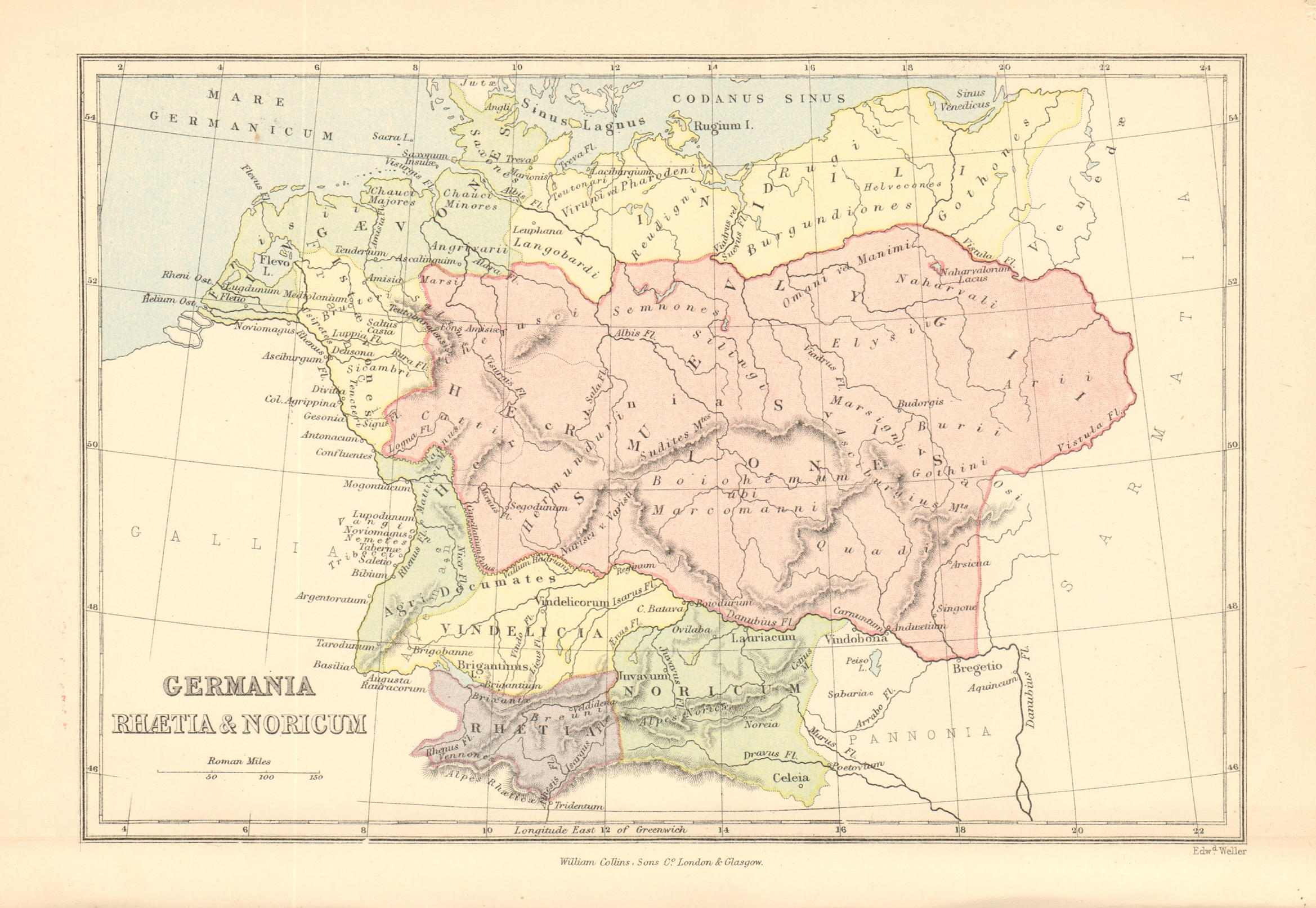Associate Product ANCIENT GERMANY. 'Germania Rhaetia & Noricum'. Roman provinces 1876 old map