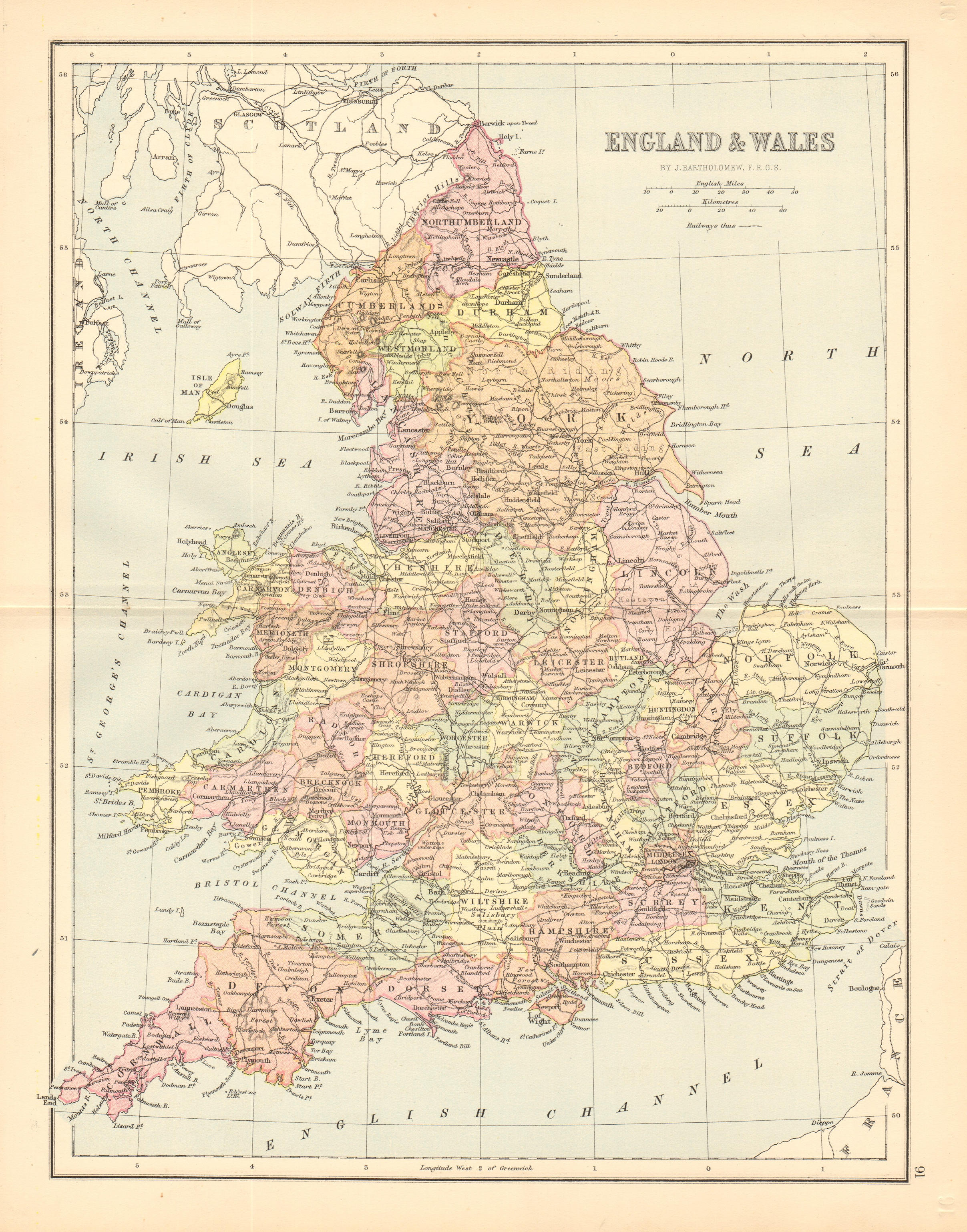 Associate Product GREAT BRITAIN. 'England & Wales'. Railways. Counties. BARTHOLOMEW 1876 old map