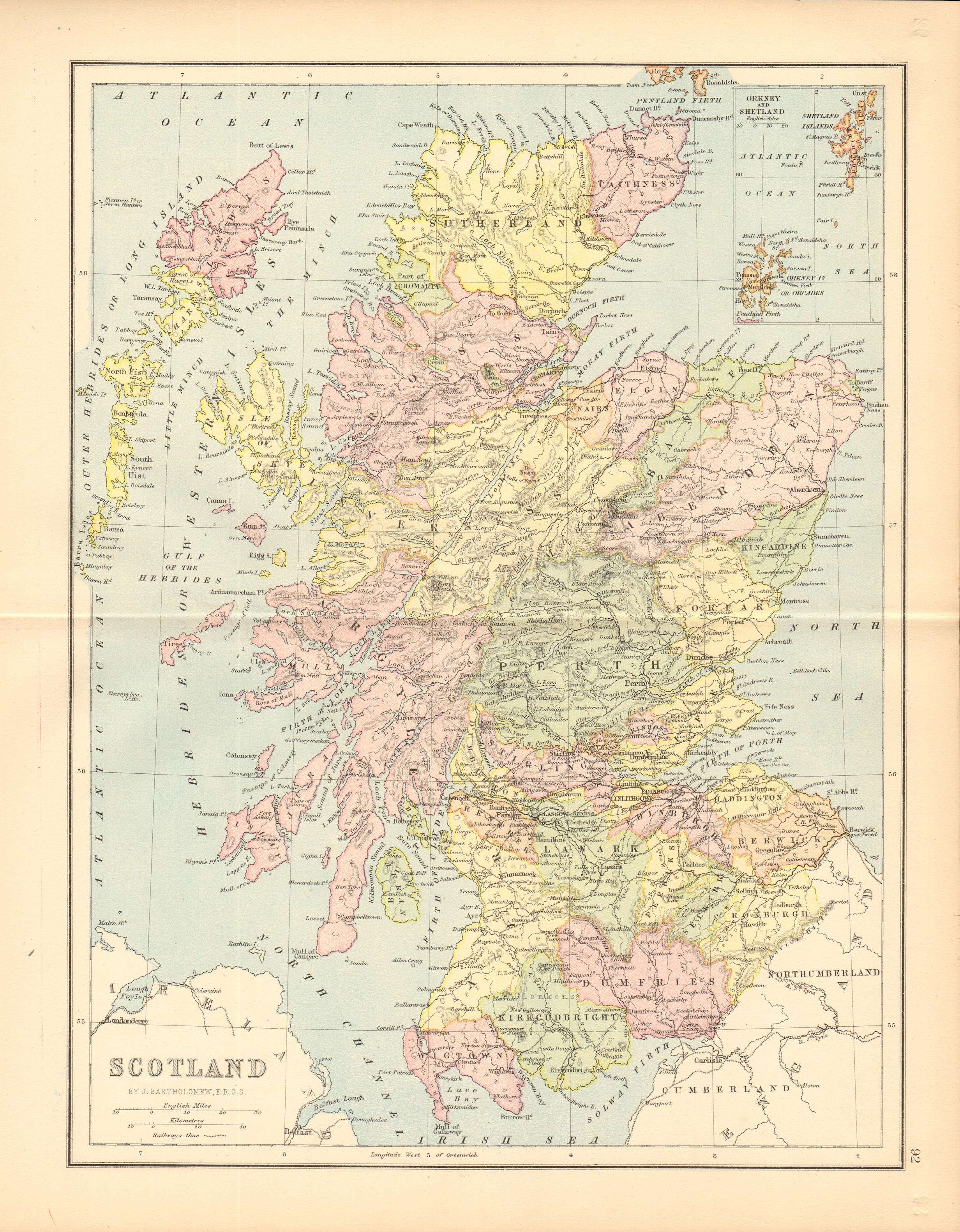 Associate Product 'Scotland; Inset map of Orkney and Shetland'. Railways. Counties 1876 old