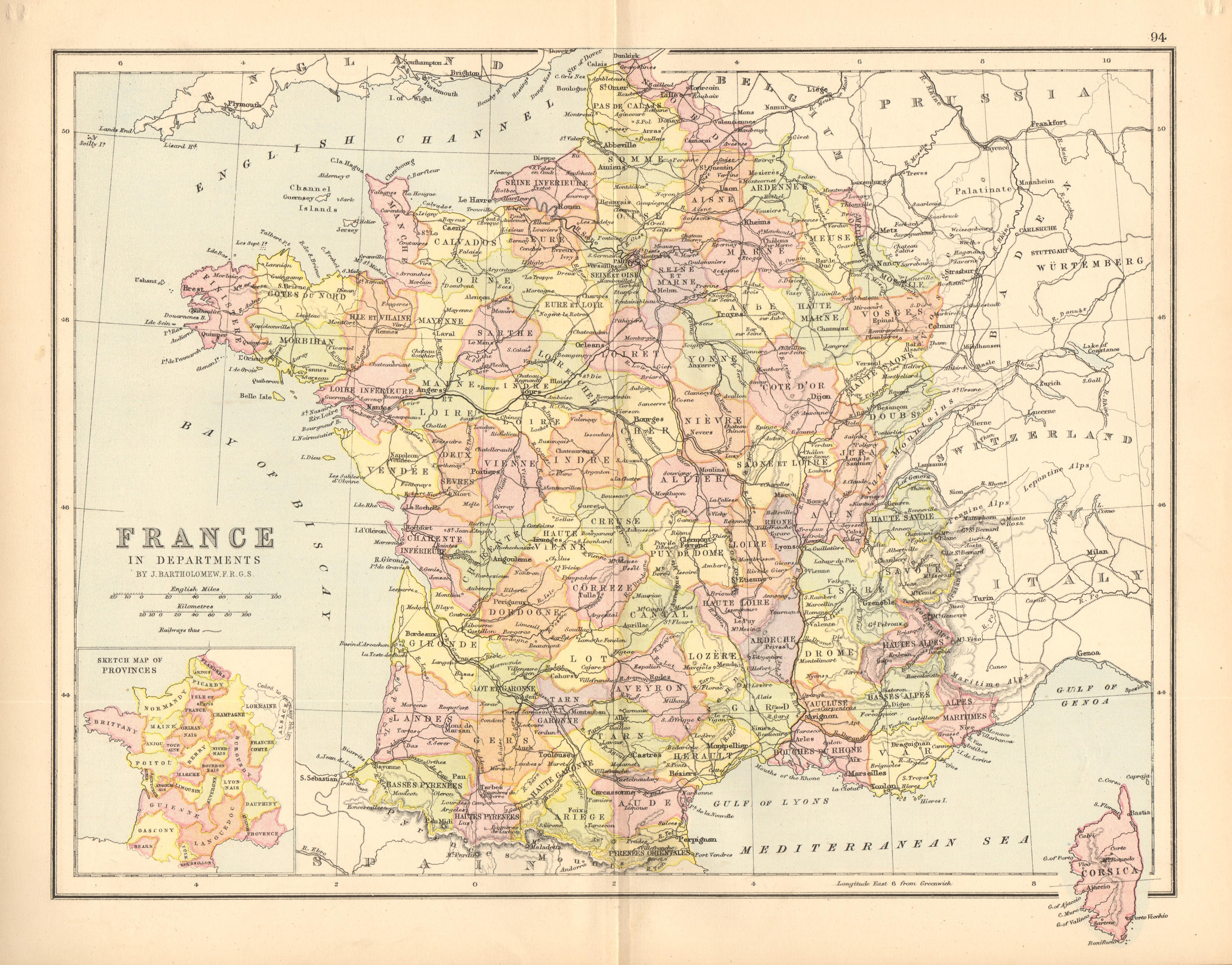 Associate Product 'France'. Railways. Departements. BARTHOLOMEW 1876 old antique map plan chart