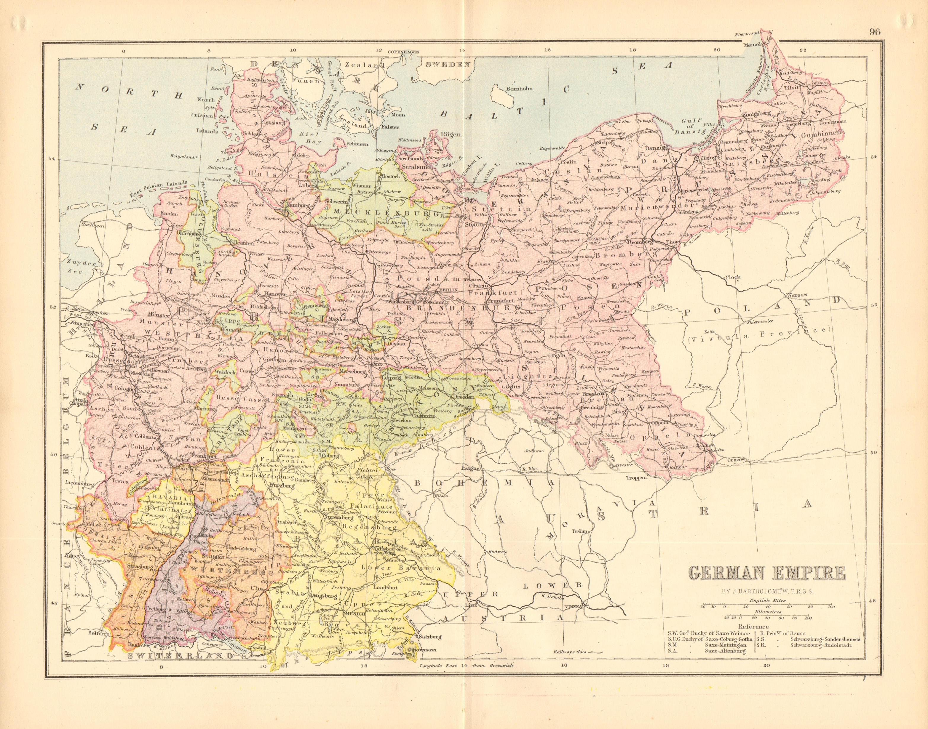 GERMANY. 'German Empire'. Railways. Prussian States. BARTHOLOMEW 1876 old map