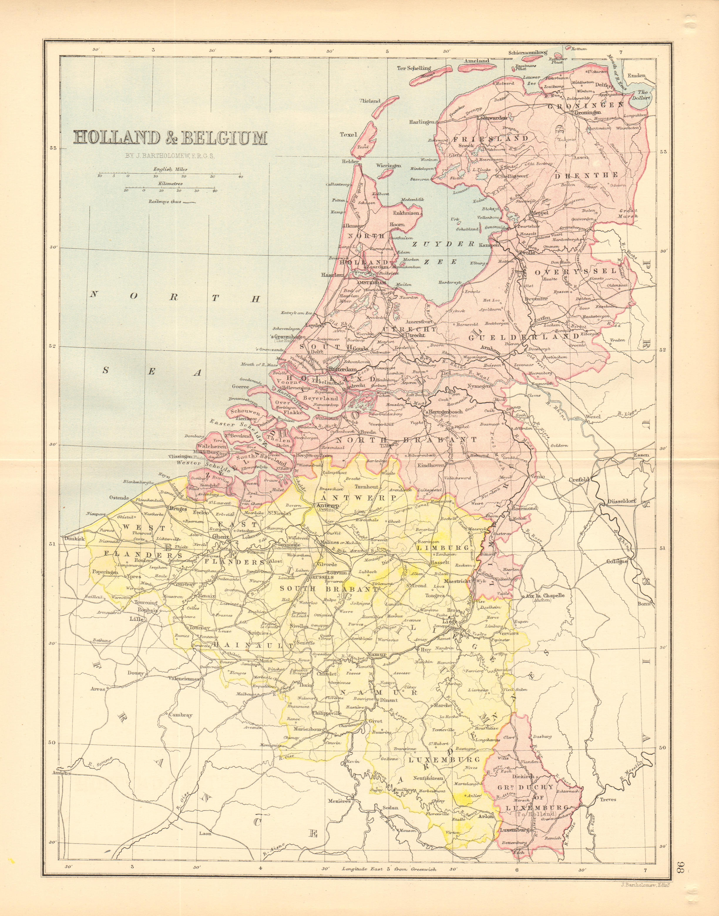 BENELUX. 'Holland & Belgium'. Railways. Luxembourg. BARTHOLOMEW 1876 old map