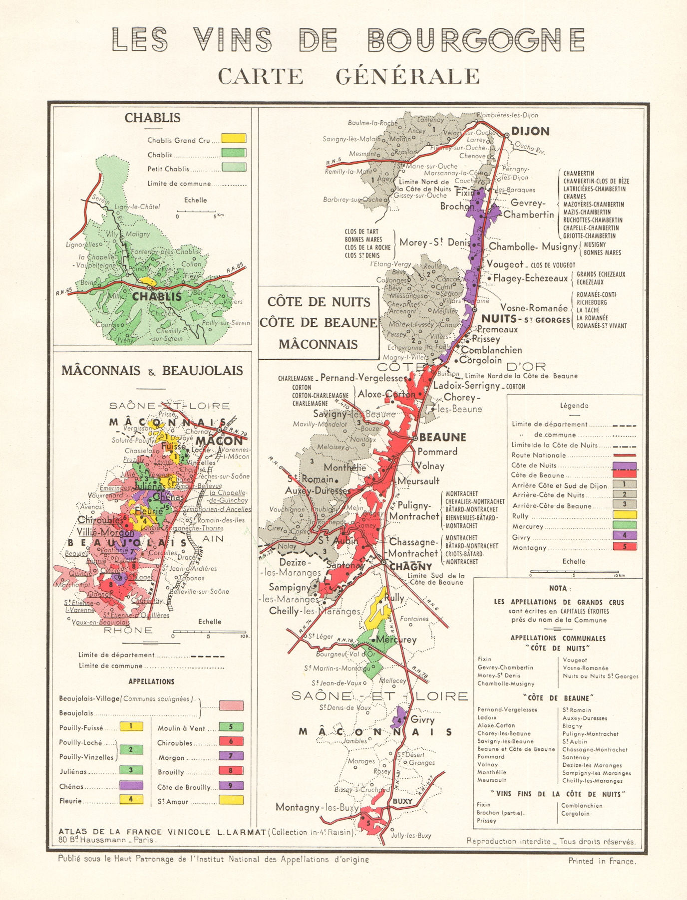 Associate Product BURGUNDY BOURGOGNE WINE MAP Carte Générale. Côte de Nuits Beaune &c. LARMAT 1953