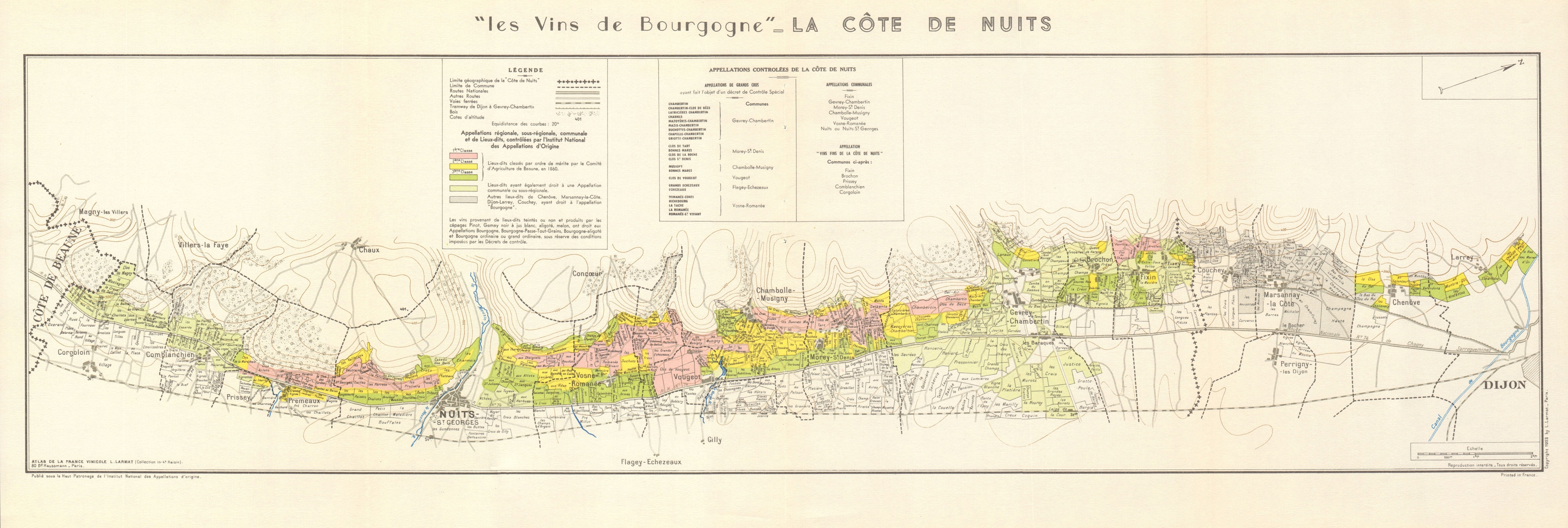 BURGUNDY BOURGOGNE WINE MAP La Côte de Nuits. Vineyards vignobles. LARMAT 1953