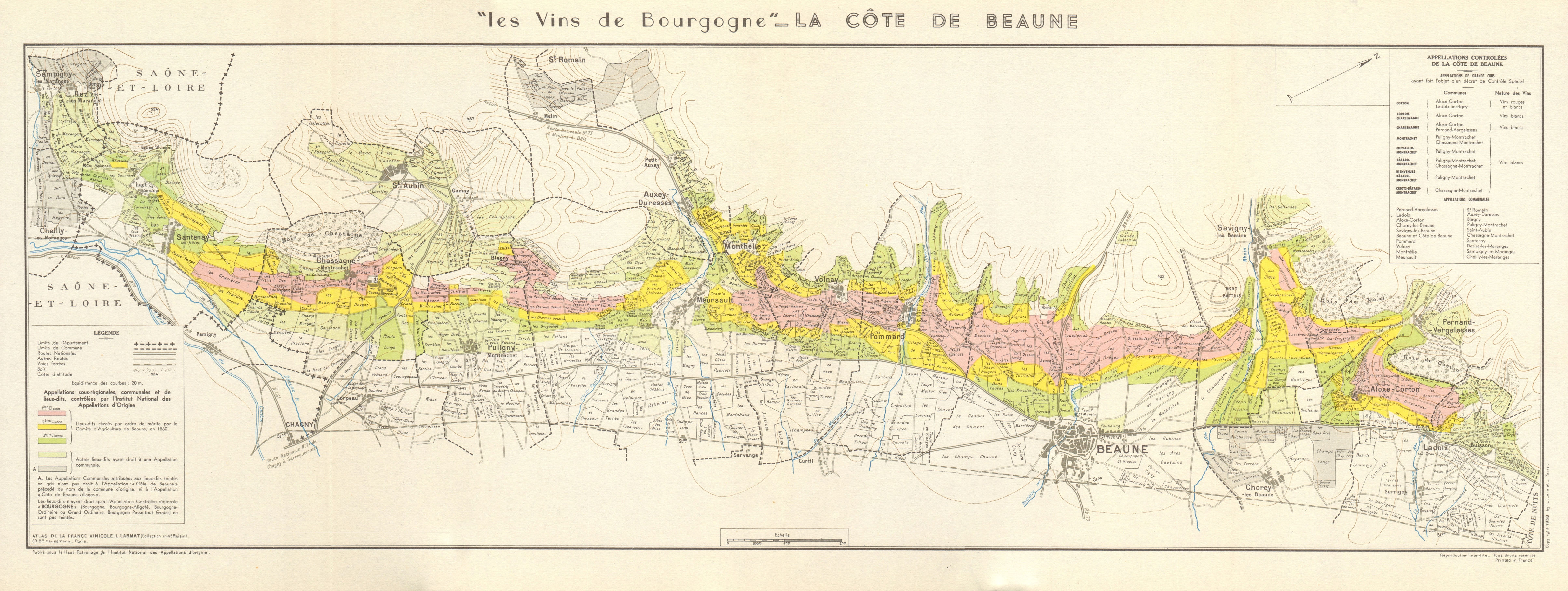 BURGUNDY BOURGOGNE WINE MAP La Côte de Beaune. Vineyards vignobles. LARMAT 1953