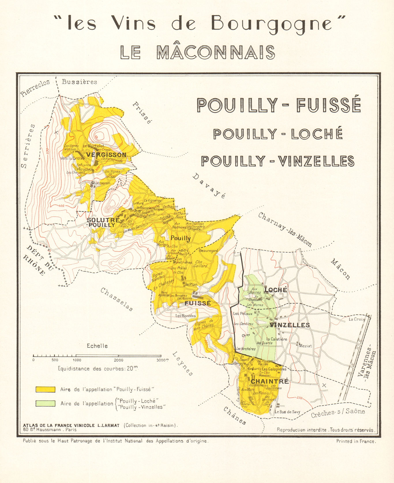 Associate Product BURGUNDY BOURGOGNE WINE MAP Pouilly-Fuissé/Loché/Vinzelles Mâconnais LARMAT 1953