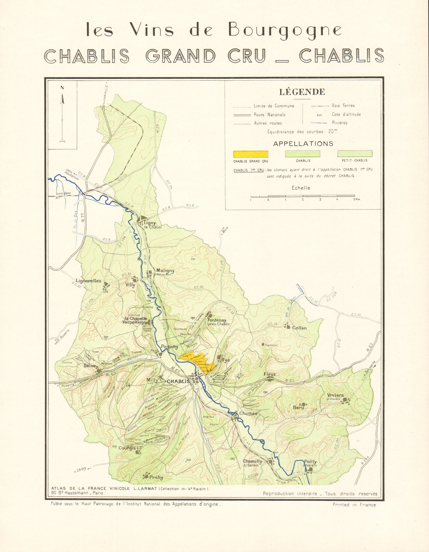 Associate Product BURGUNDY BOURGOGNE WINE MAP Chablis Appellations vineyards vignobles LARMAT 1953