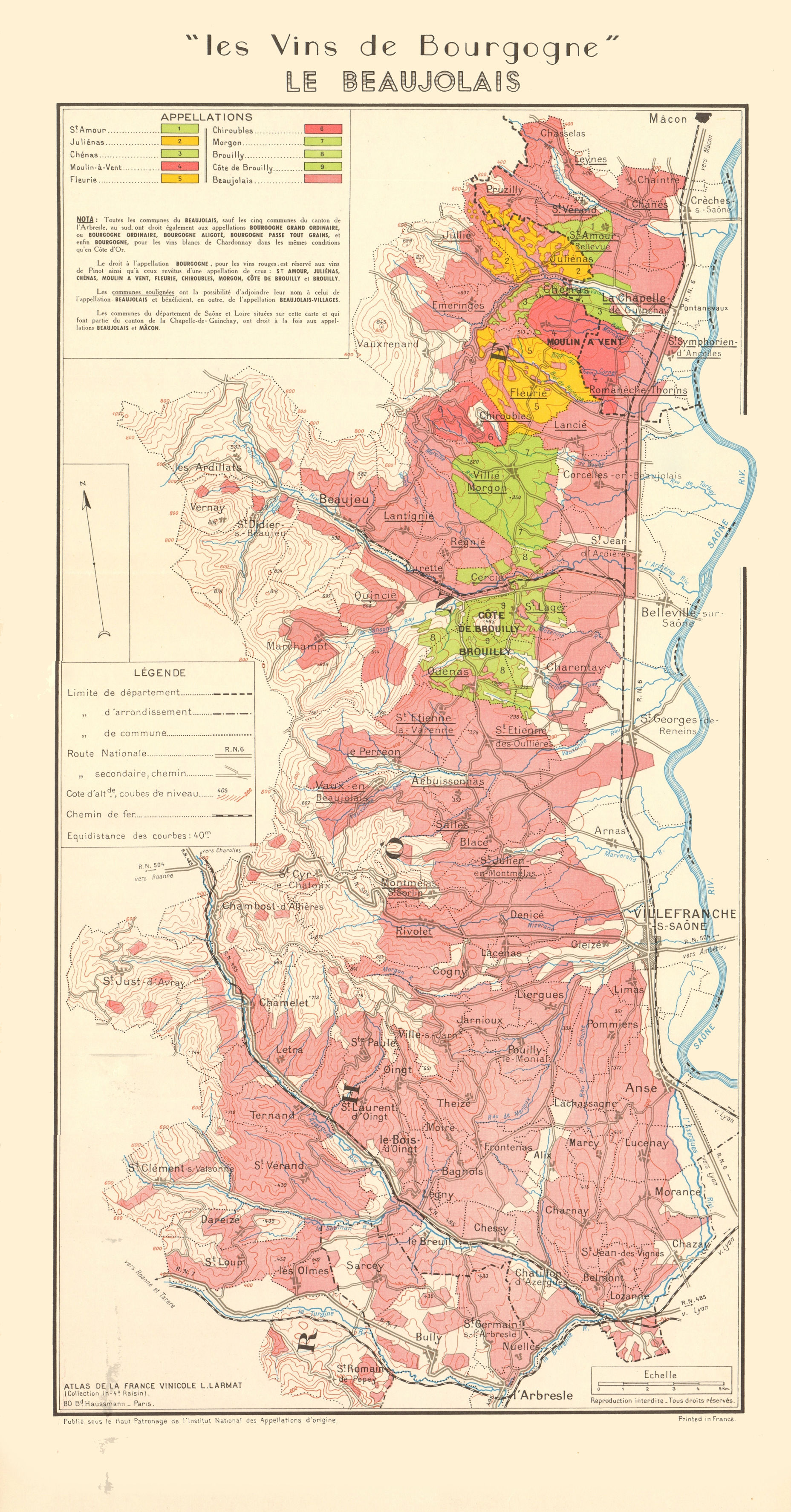 Associate Product BURGUNDY BOURGOGNE WINE MAP Beaujolais appellations.Fleurie Brouilly LARMAT 1953