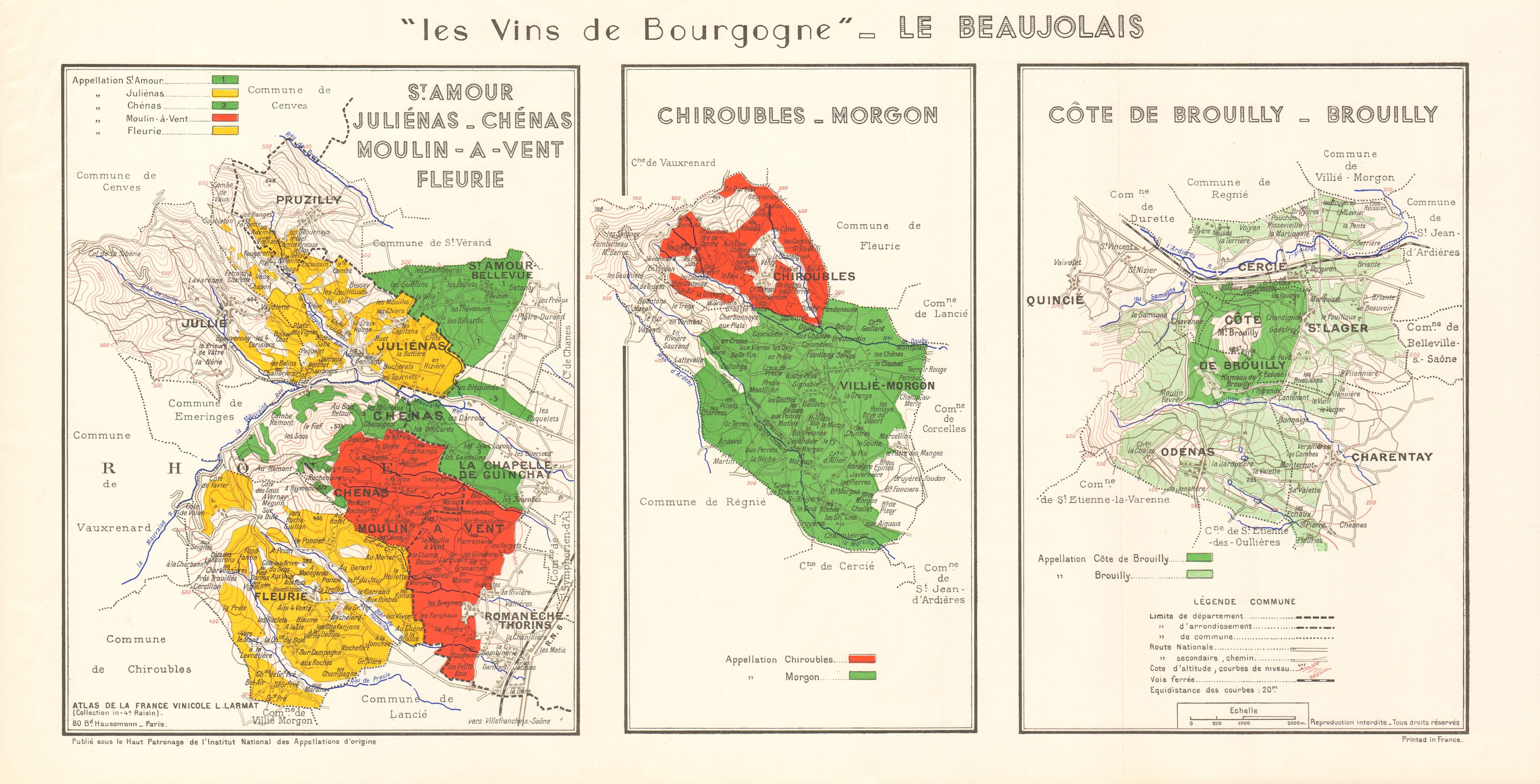 Associate Product BURGUNDY BOURGOGNE WINE MAP Beaujolais vineyards vignobles AOCs. LARMAT 1953