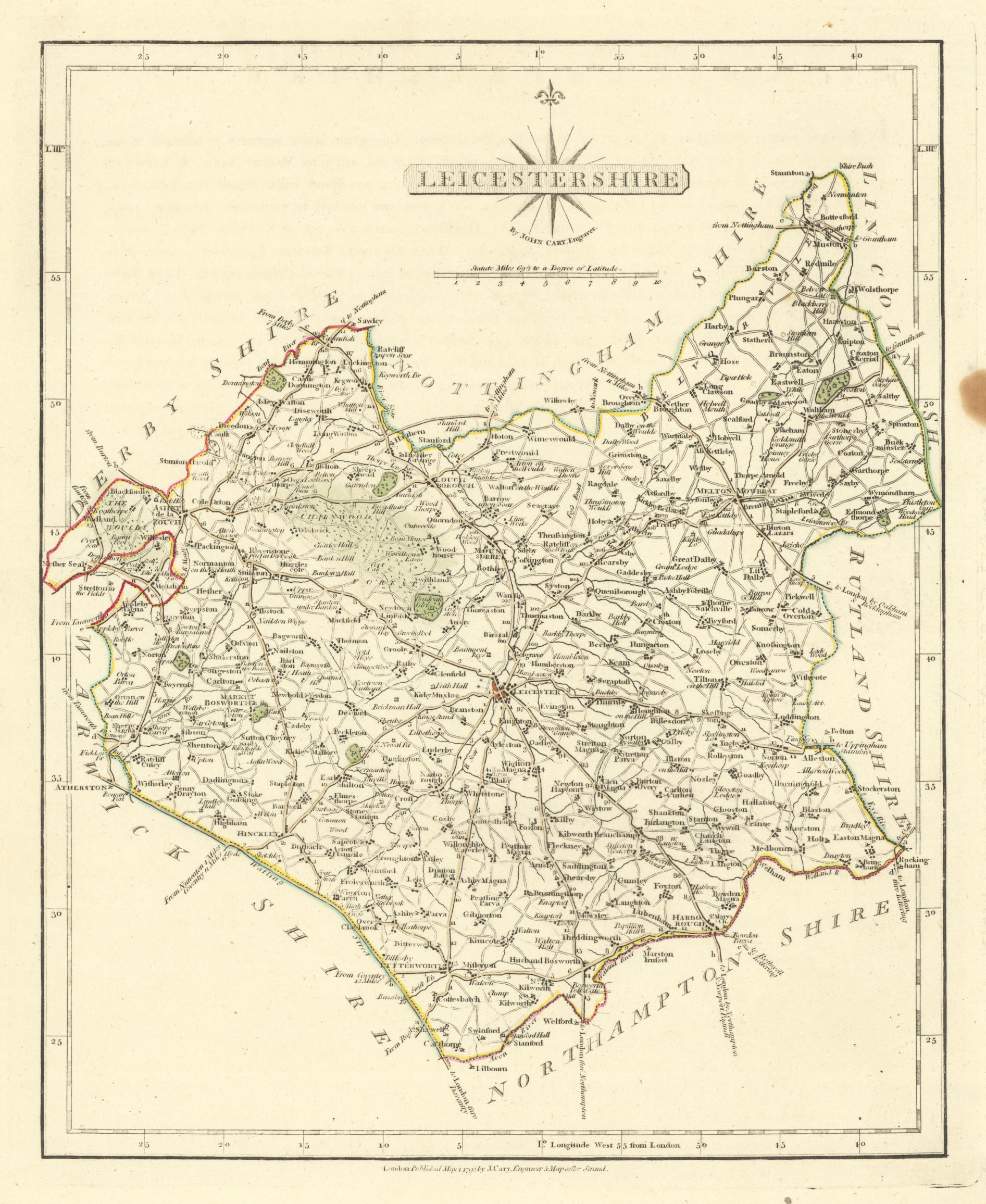 Associate Product Antique county map of LEICESTERSHIRE by JOHN CARY. Original outline colour 1793