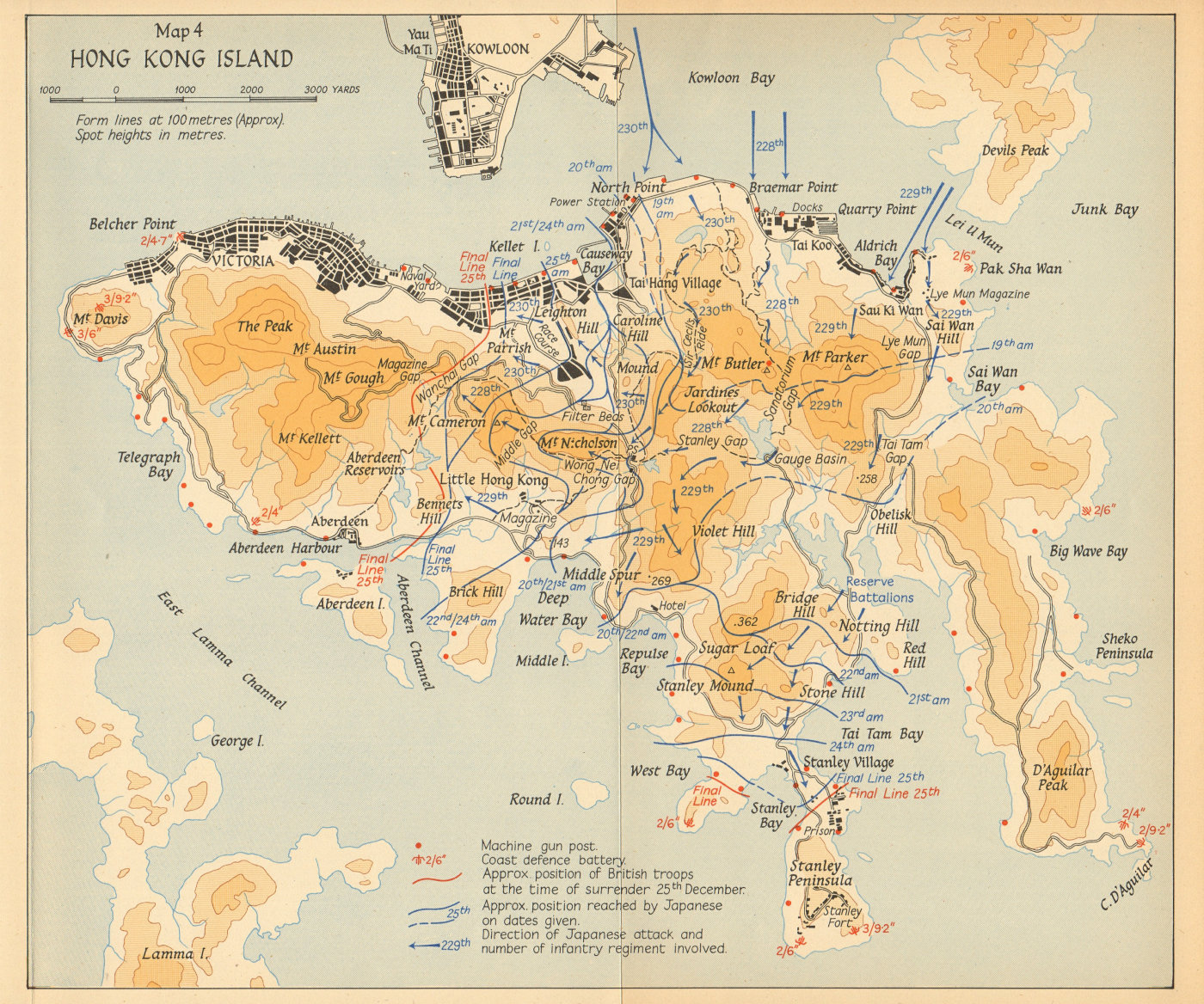 Japanese occupation of Hong Kong Island 20-25th December 1941 1957 old map