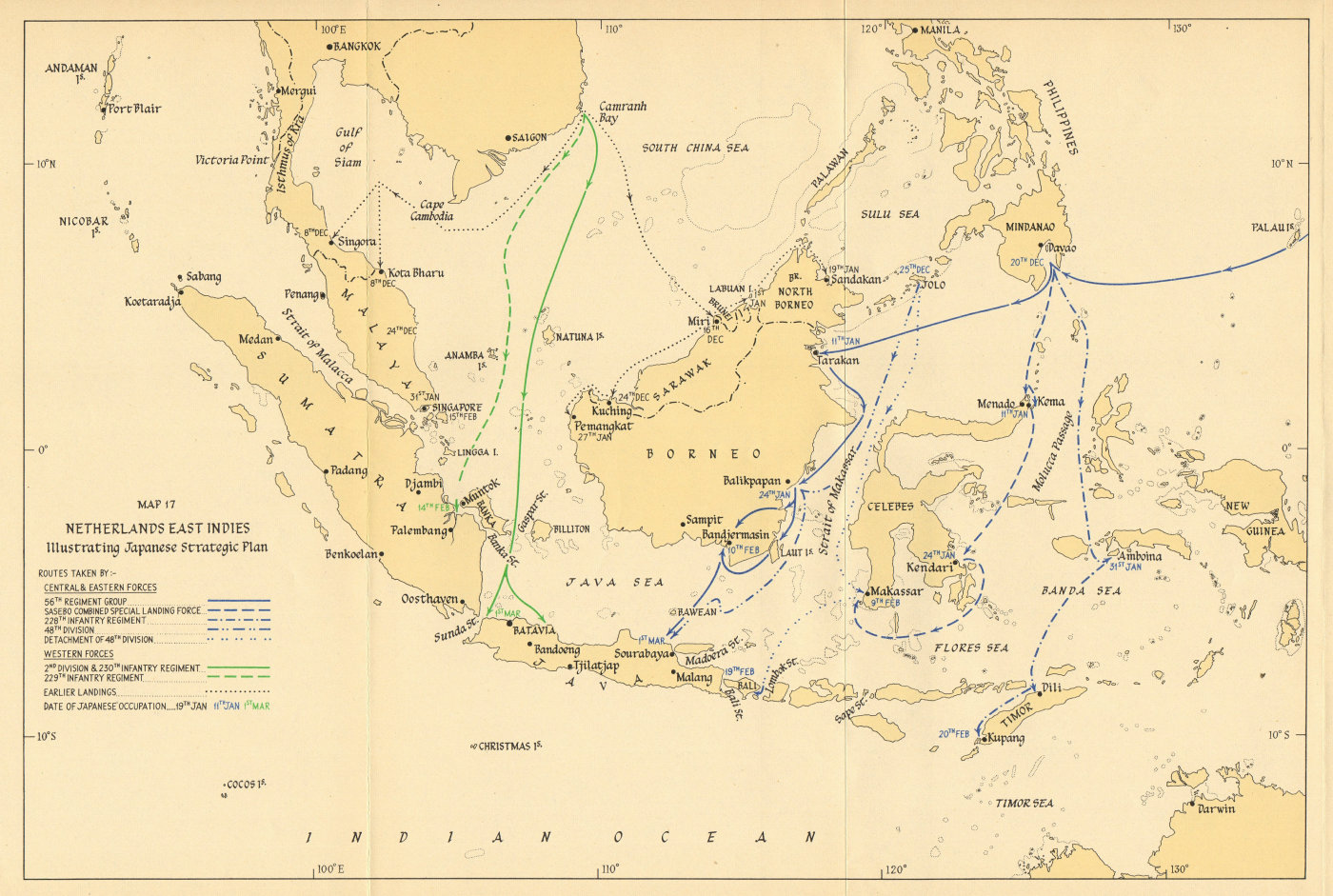 Associate Product Japanese invasion of Dutch East Indies. Strategic Plan 1942. Indonesia 1957 map