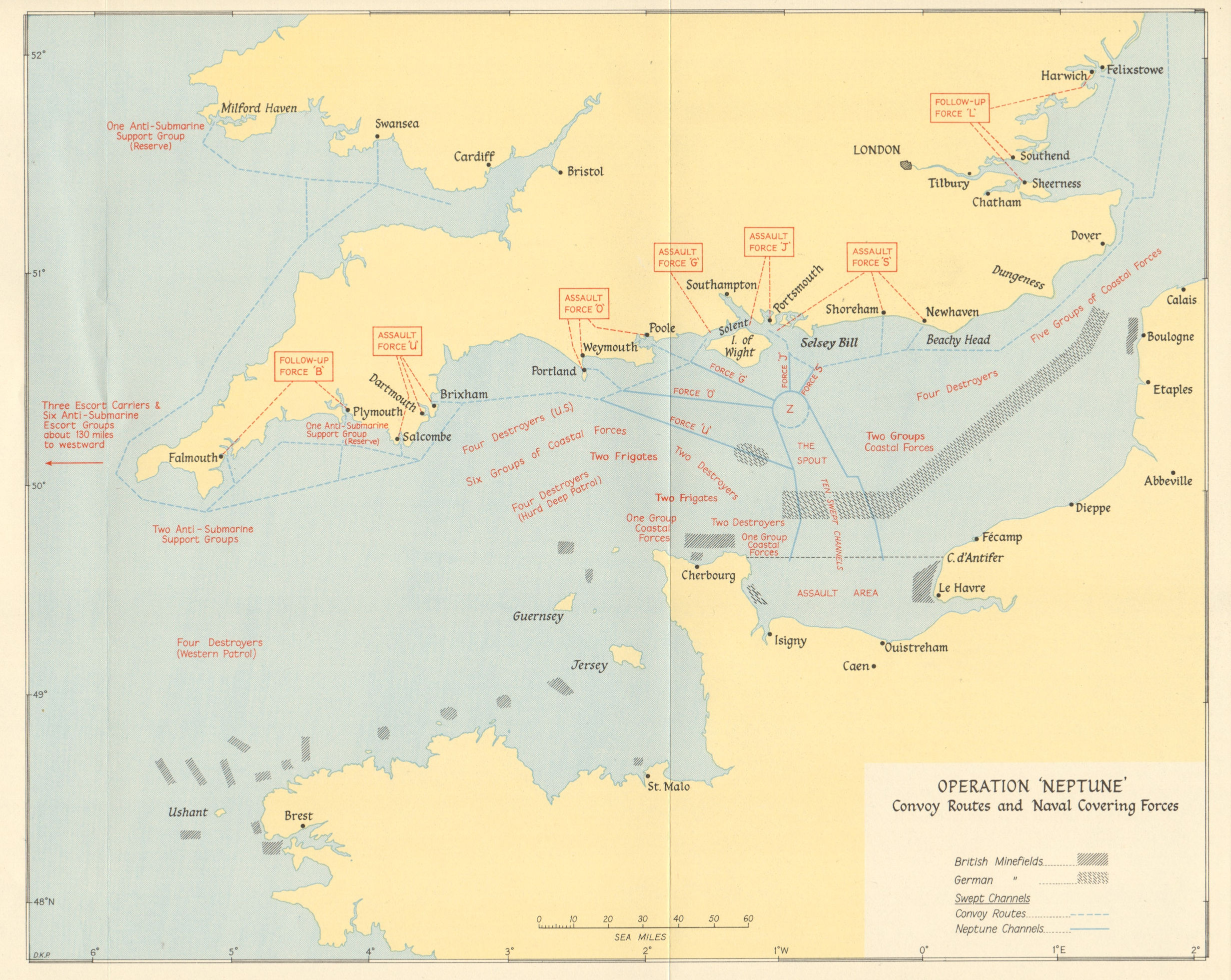 D-Day Operation Neptune June 1944. Convoy routes. Naval covering forces 1962 map