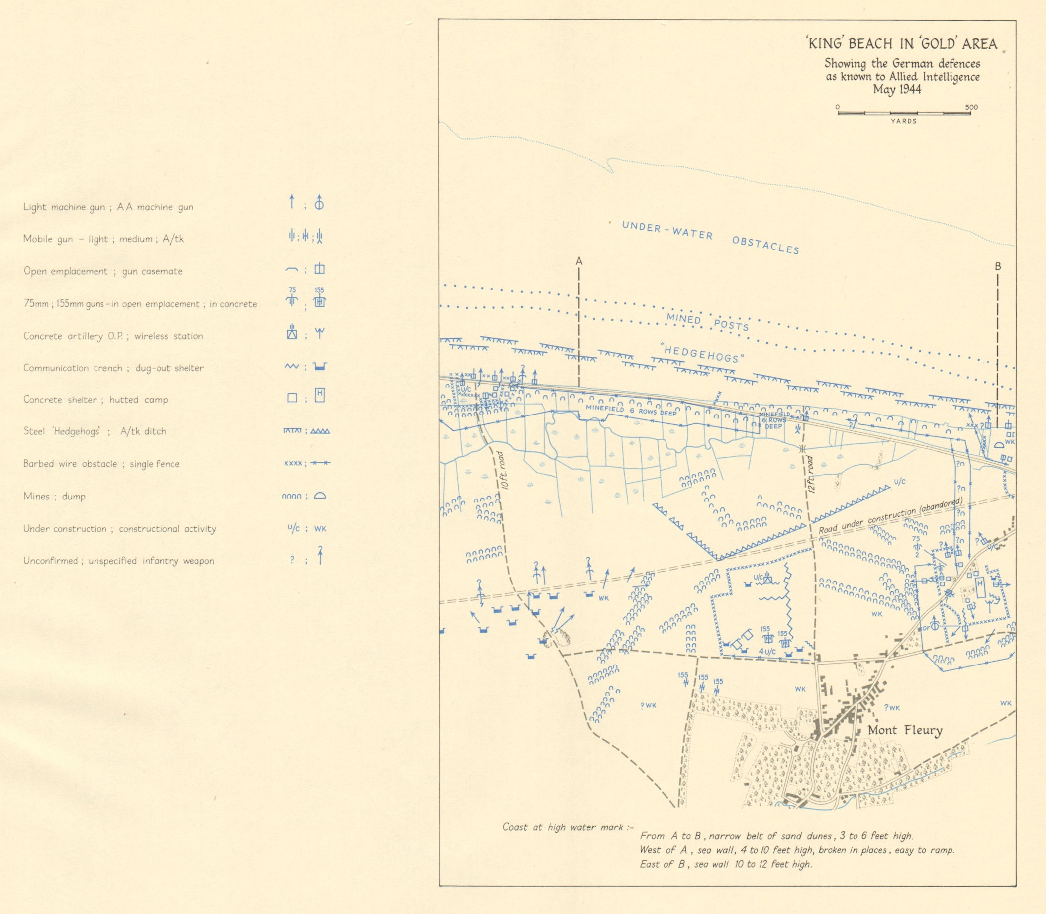 D-Day. King Beach, Gold Area. German defences, May 1944. Mont Fleury 1962 map