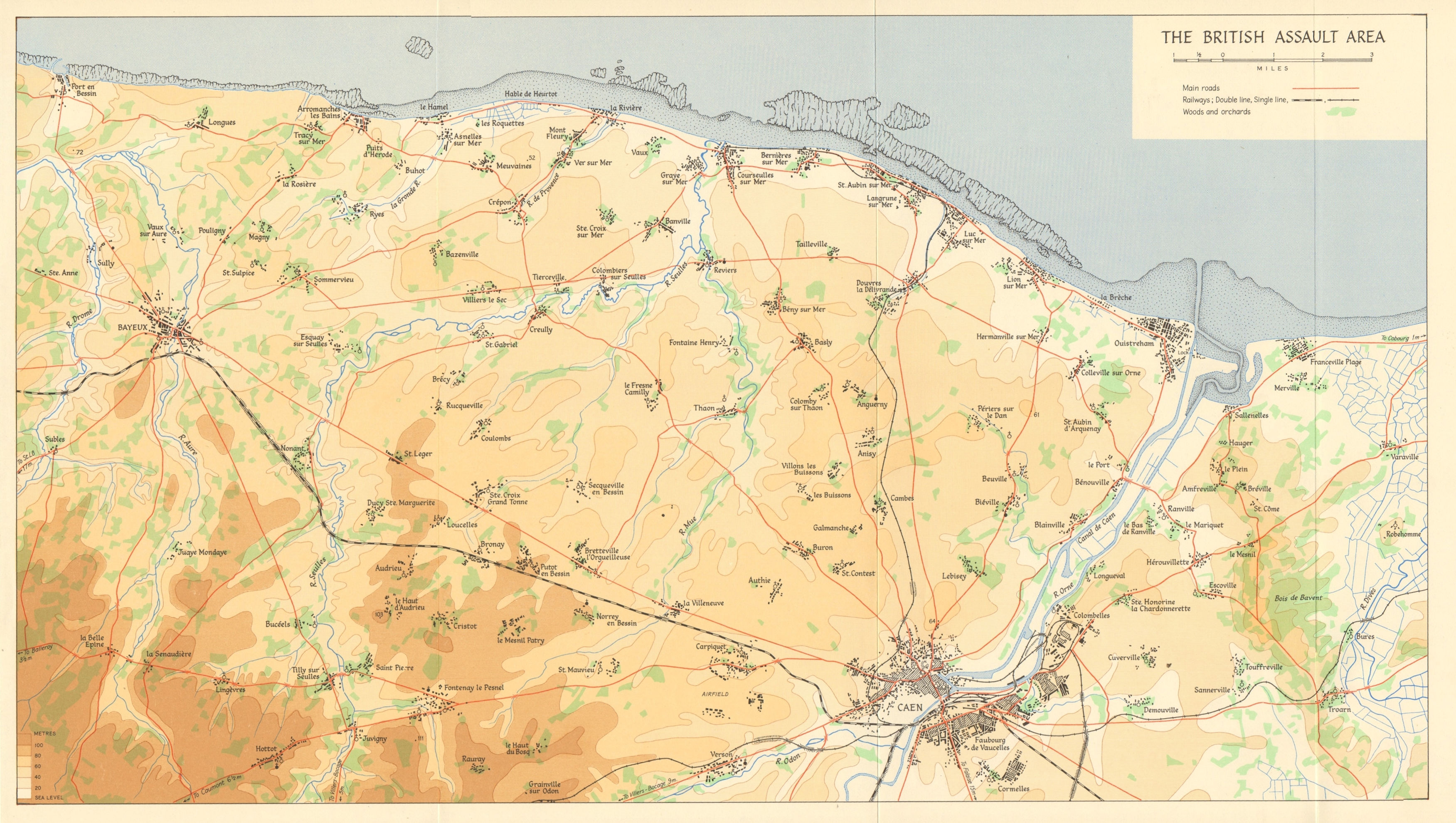 Associate Product D-Day June 1944 British Assault Area. Caen Bayeux Gold Juno Sword beach 1962 map