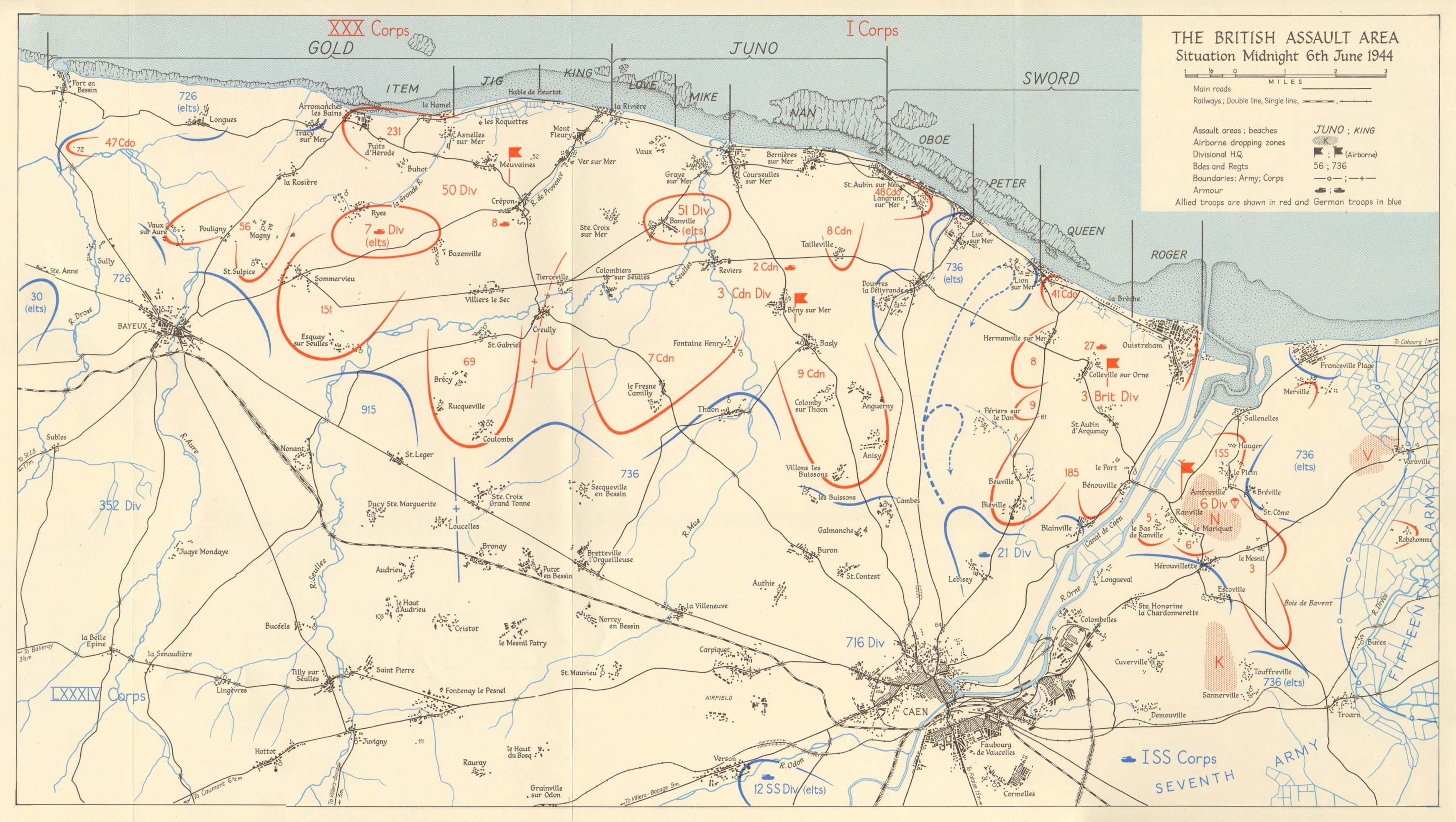 D-Day British Assault area midnight 6 June 1944 Gold Juno Sword beaches 1962 map