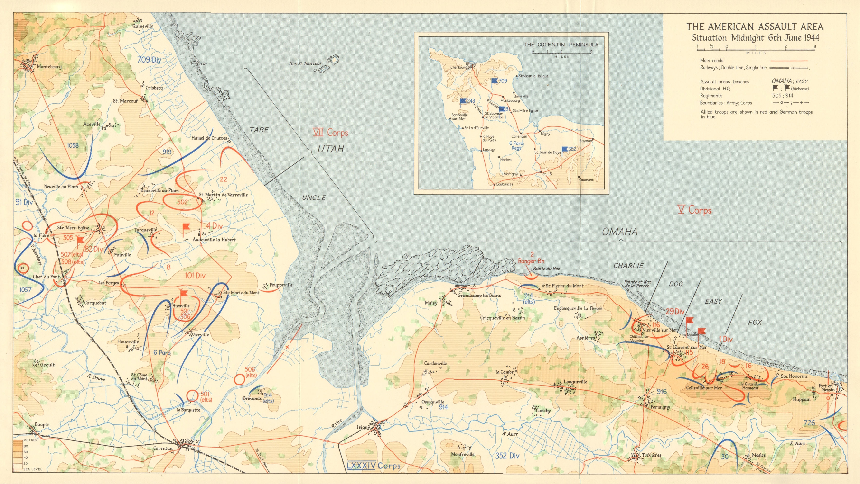 Associate Product D-Day American assault area midnight 6 June 1944 Ohama Utah beaches 1962 map