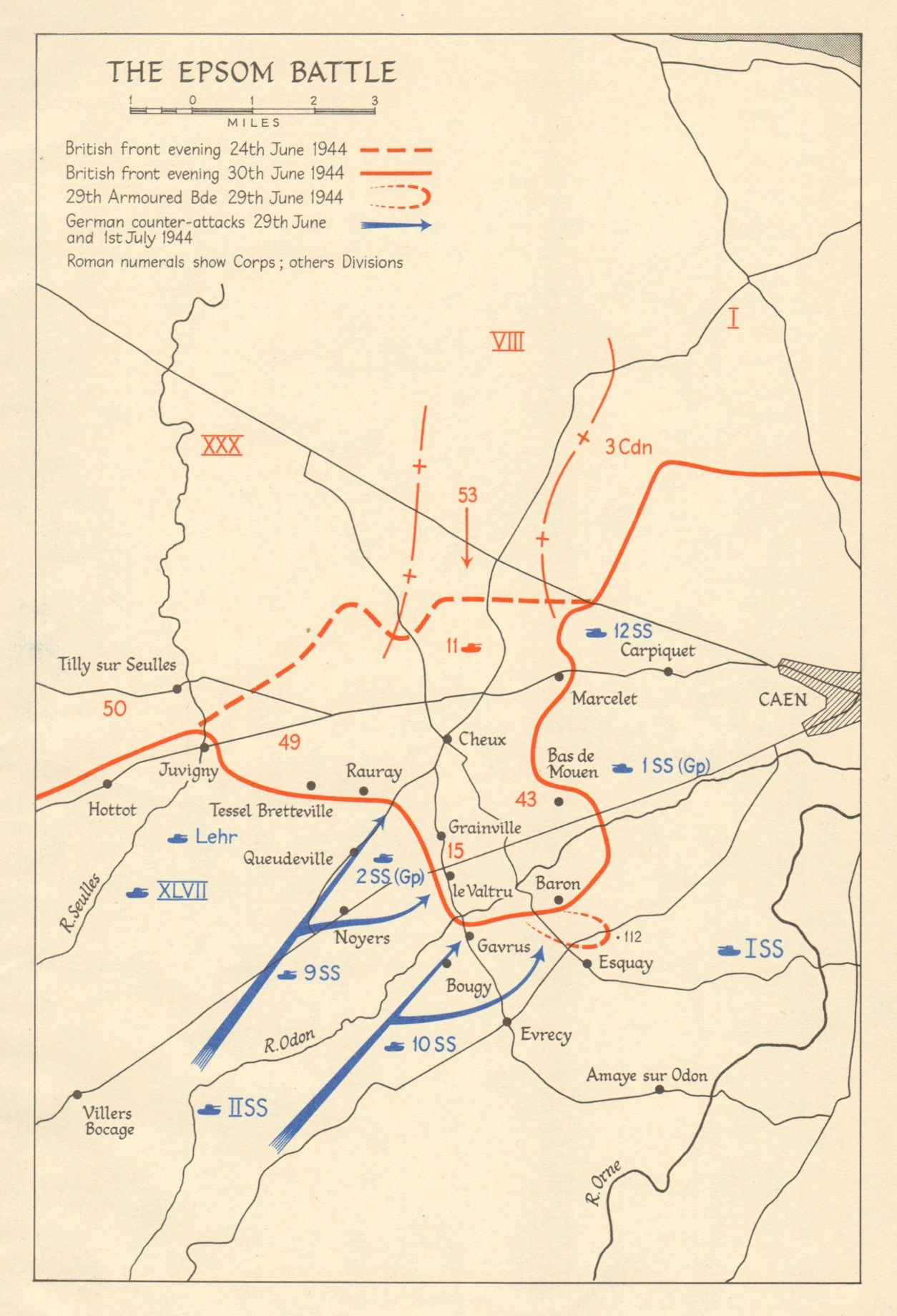 Associate Product Operation Epsom 24 June-1 July 1944. Caen Normany landings Overlord 1962 map