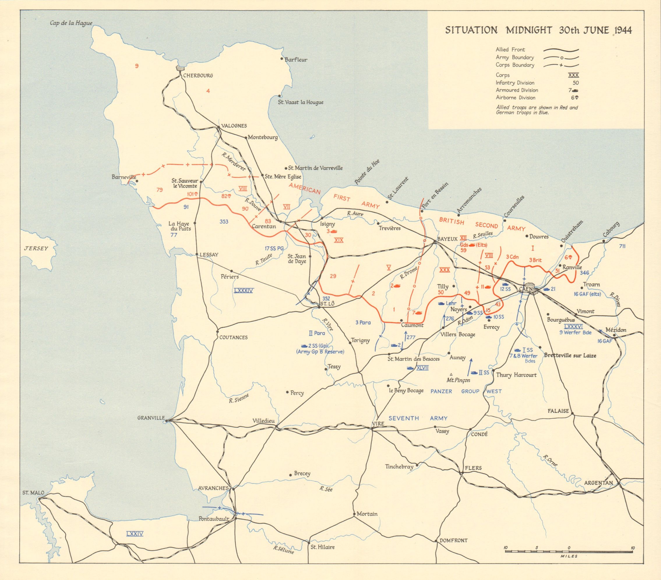 Associate Product D-Day Normany landings. Situation midnight 30 June 1944. Overlord 1962 old map